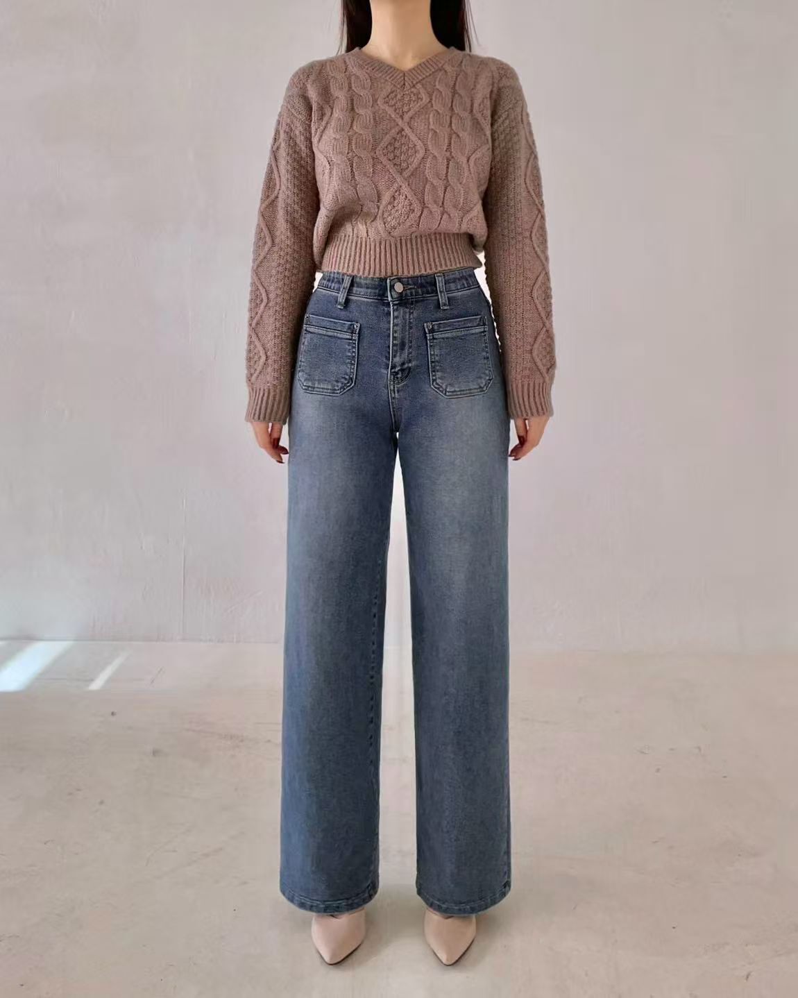 HL2568 直筒復古刷薄毛牛仔褲