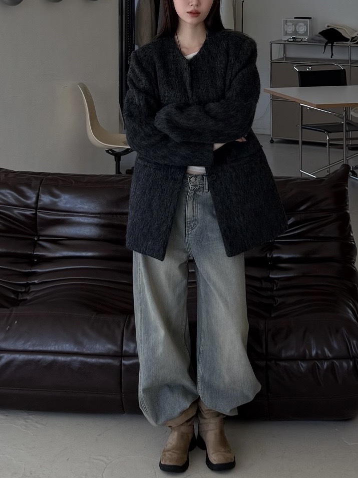 ADP千金感無領鋪棉毛呢西外(灰)