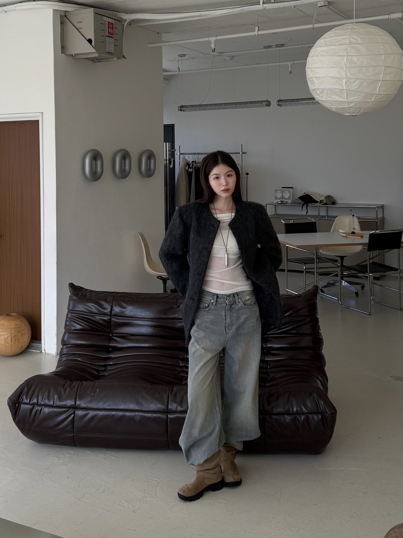 ADP千金感無領鋪棉毛呢西外(灰)