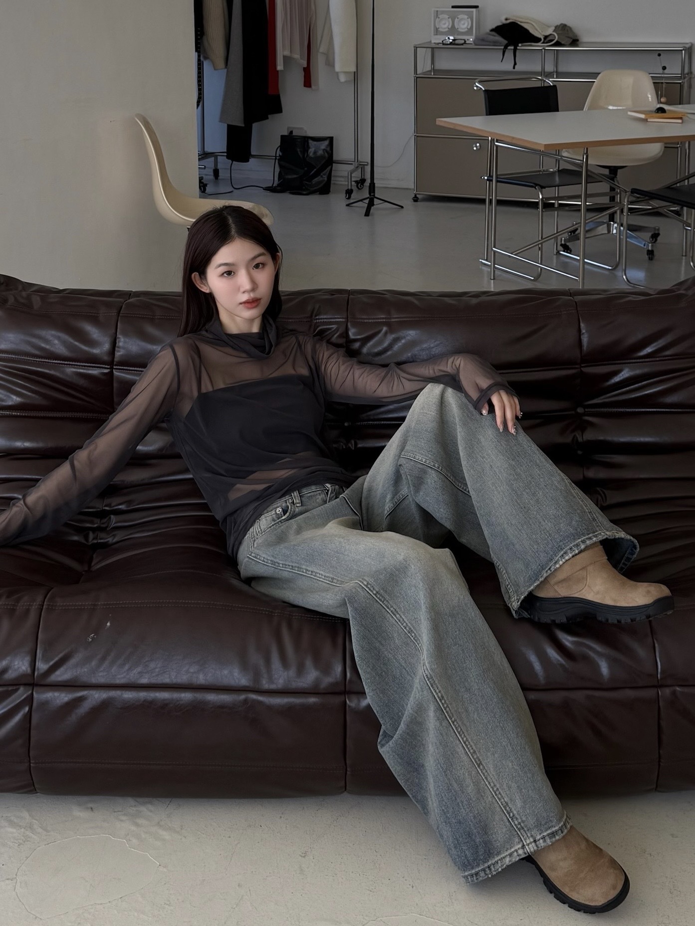 best!! 堆堆領親膚質感透紗上衣(奶油/霧灰)