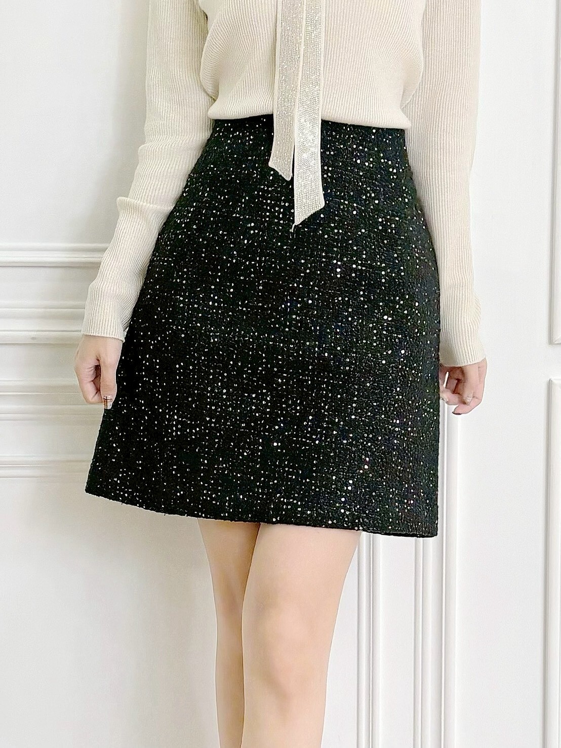 小香風亮片毛呢短裙