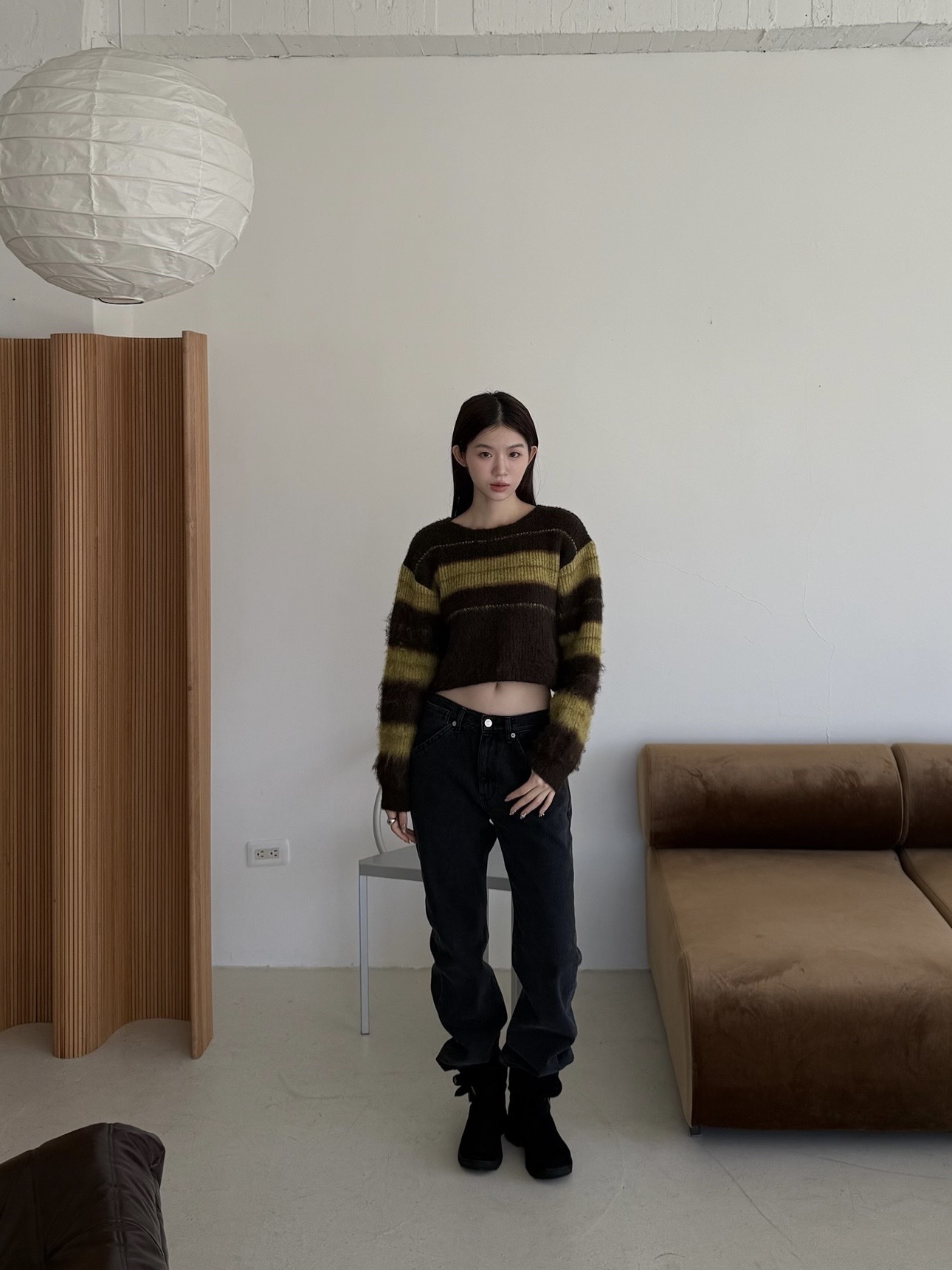 高質感不對稱條紋毛衣(灰/棕)