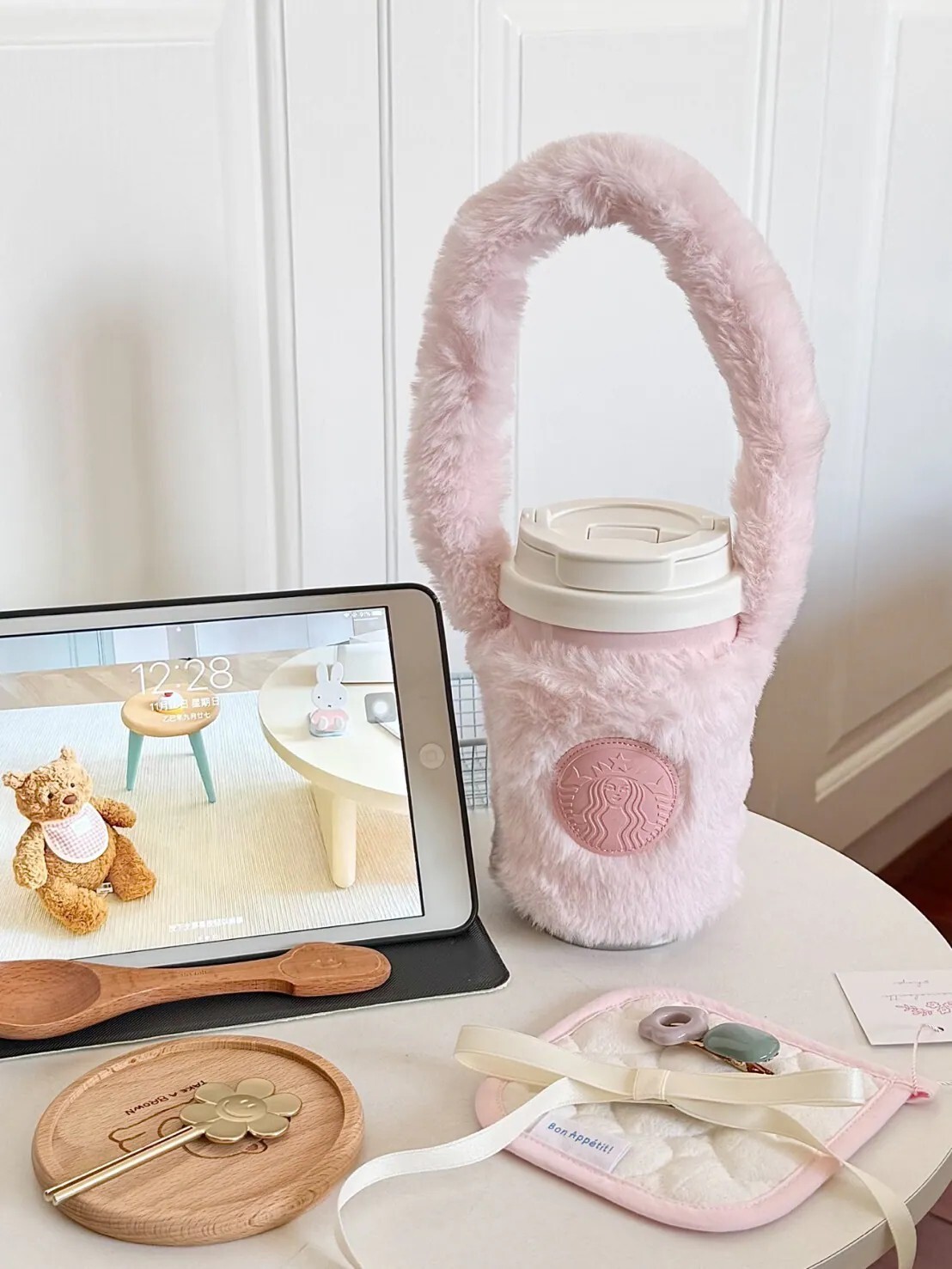 STARBUCKS 星巴克 粉白漸變💗 💗  淡粉 柔粉 不鏽鋼 隨行杯 保溫杯 絨毛杯套 380ML