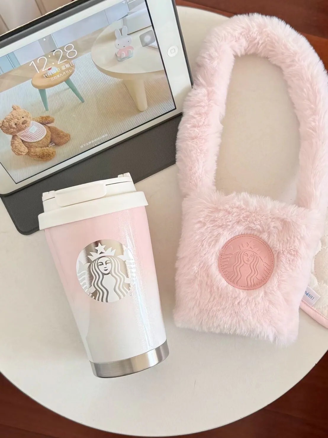 STARBUCKS 星巴克 粉白漸變💗 💗  淡粉 柔粉 不鏽鋼 隨行杯 保溫杯 絨毛杯套 380ML