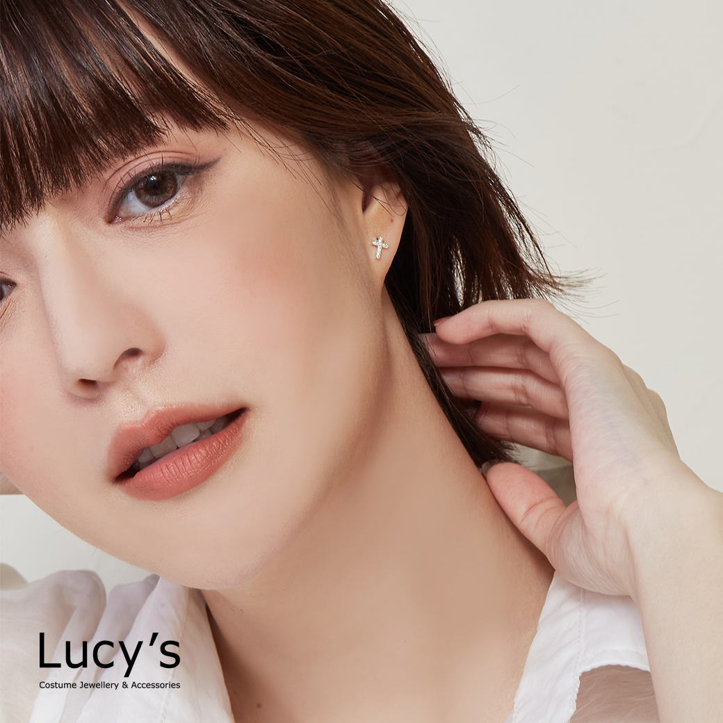 *925純銀〔輕銀系列〕滿鑽十字 耳環 (81549)