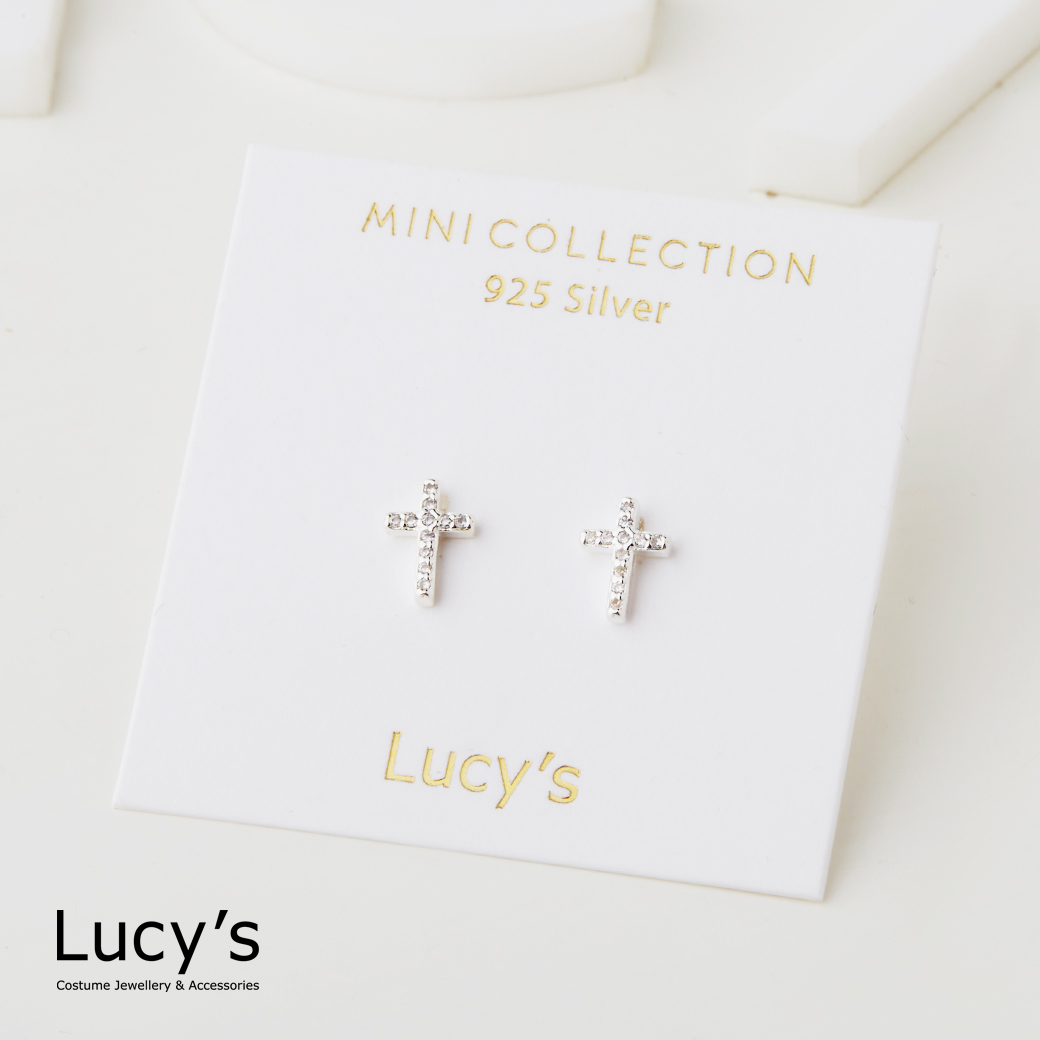 *925純銀〔輕銀系列〕滿鑽十字 耳環 (81549)