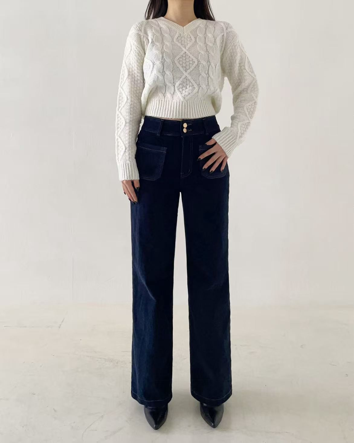 HL2566 孖扣刷薄毛牛仔褲