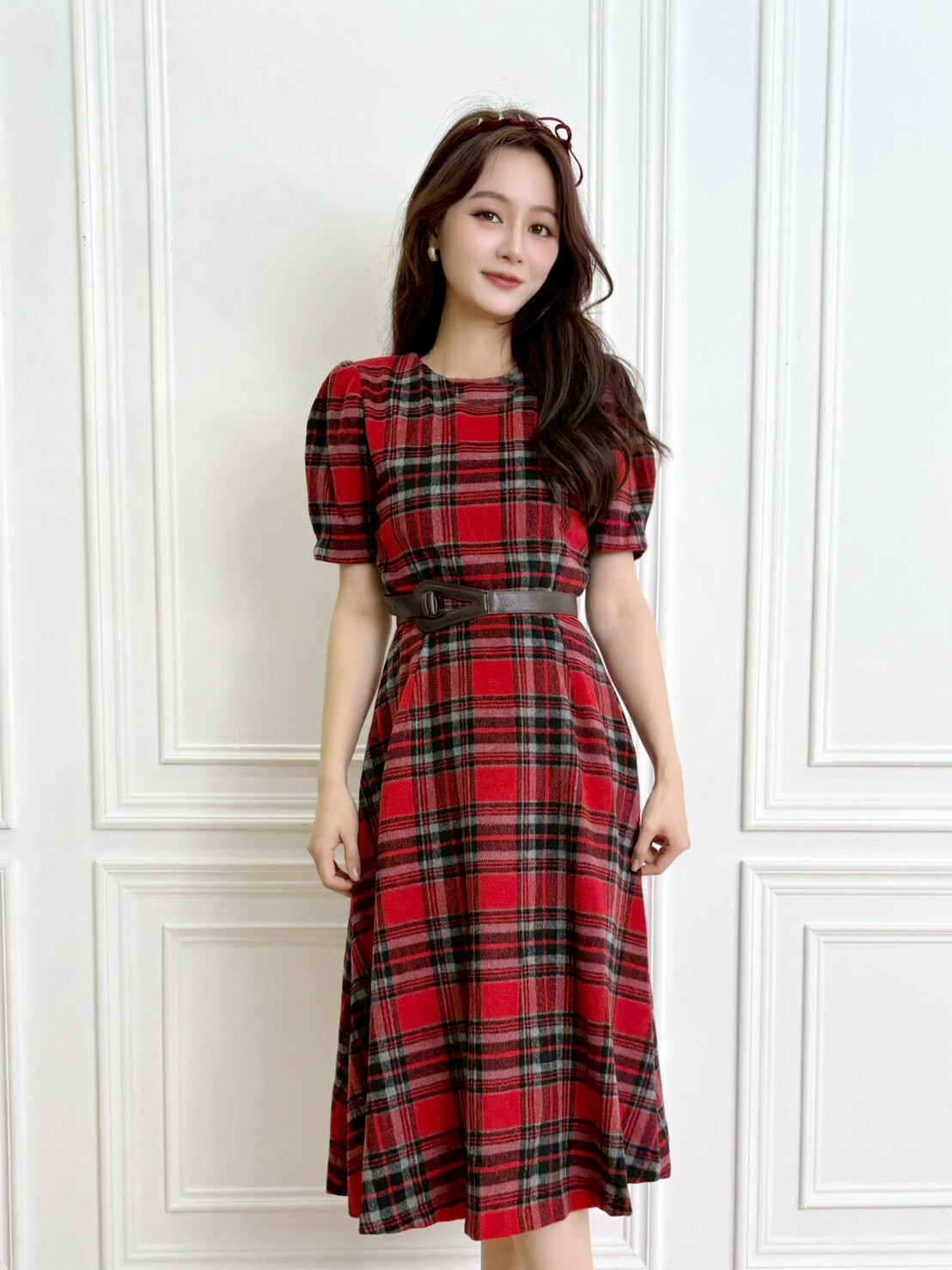 絨面澎短袖格紋傘洋