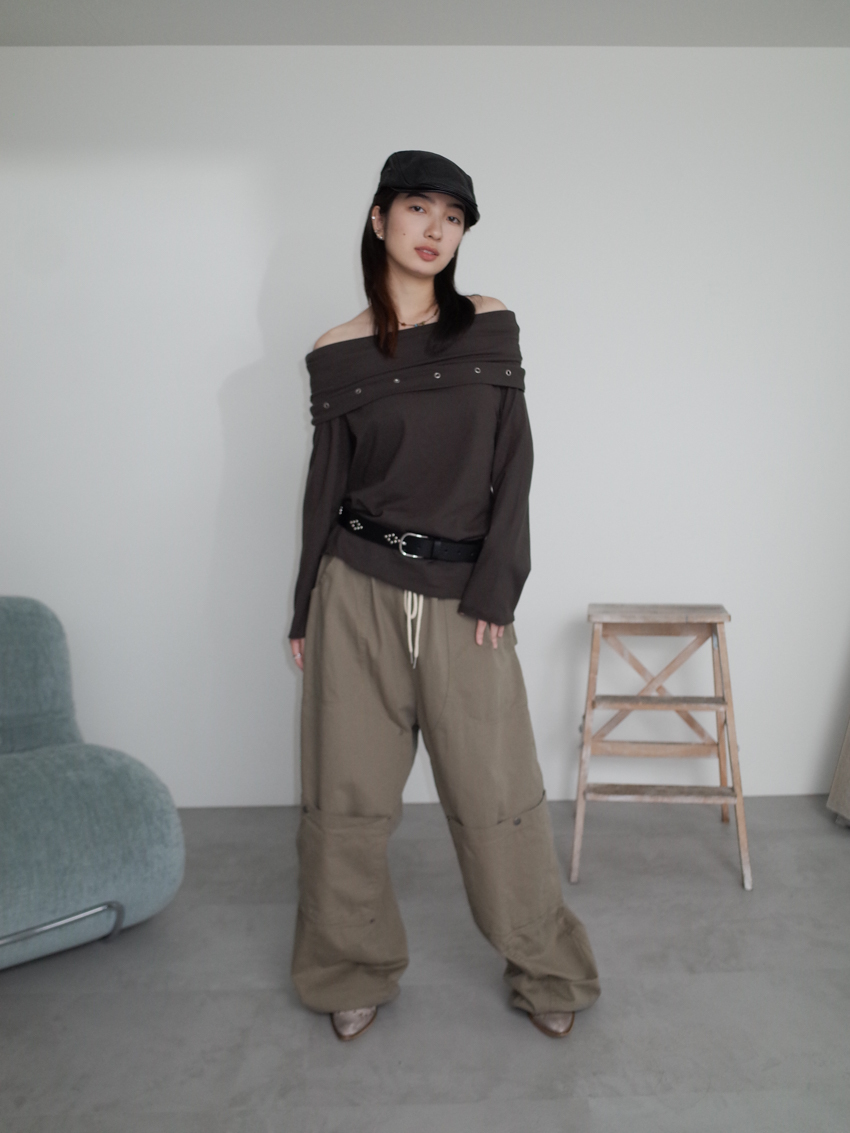 studded off-the-shoulder long sleeve top