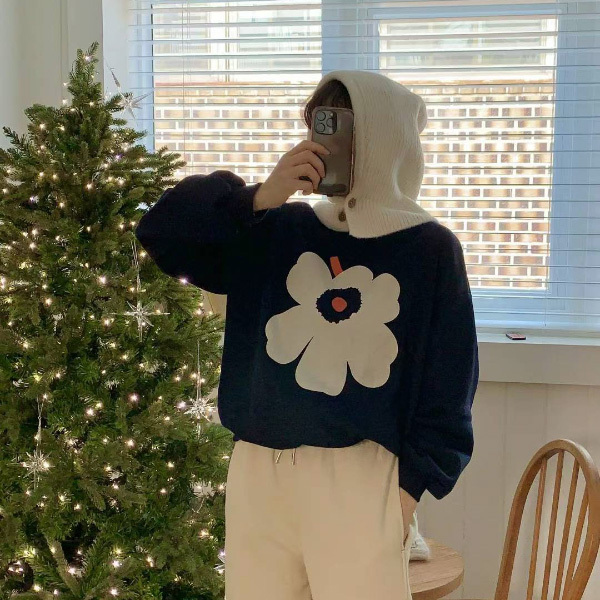 韓國 大花朵刷毛大學T 深藍/灰色/粉色