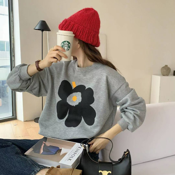 韓國 大花朵刷毛大學T 深藍/灰色/粉色