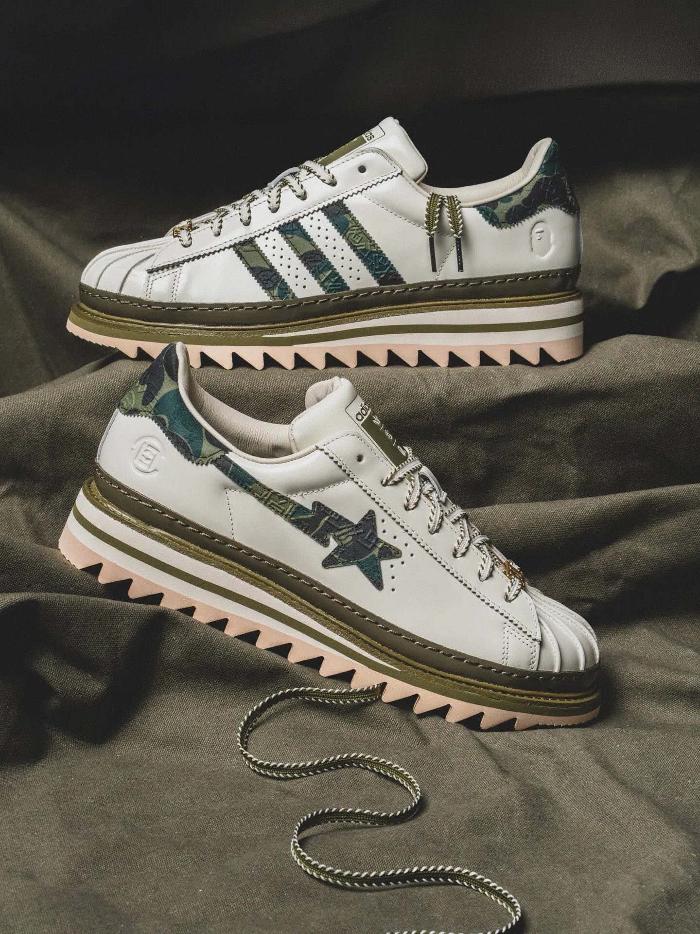 CLOT X BAPE® X ADIDAS ORIGINALS SUPERSTAR 三方聯名 陳冠希 迷彩 軍綠 森林綠 英倫風 牛津鞋 貝殼鞋 鋸齒底 男鞋 KJ1473