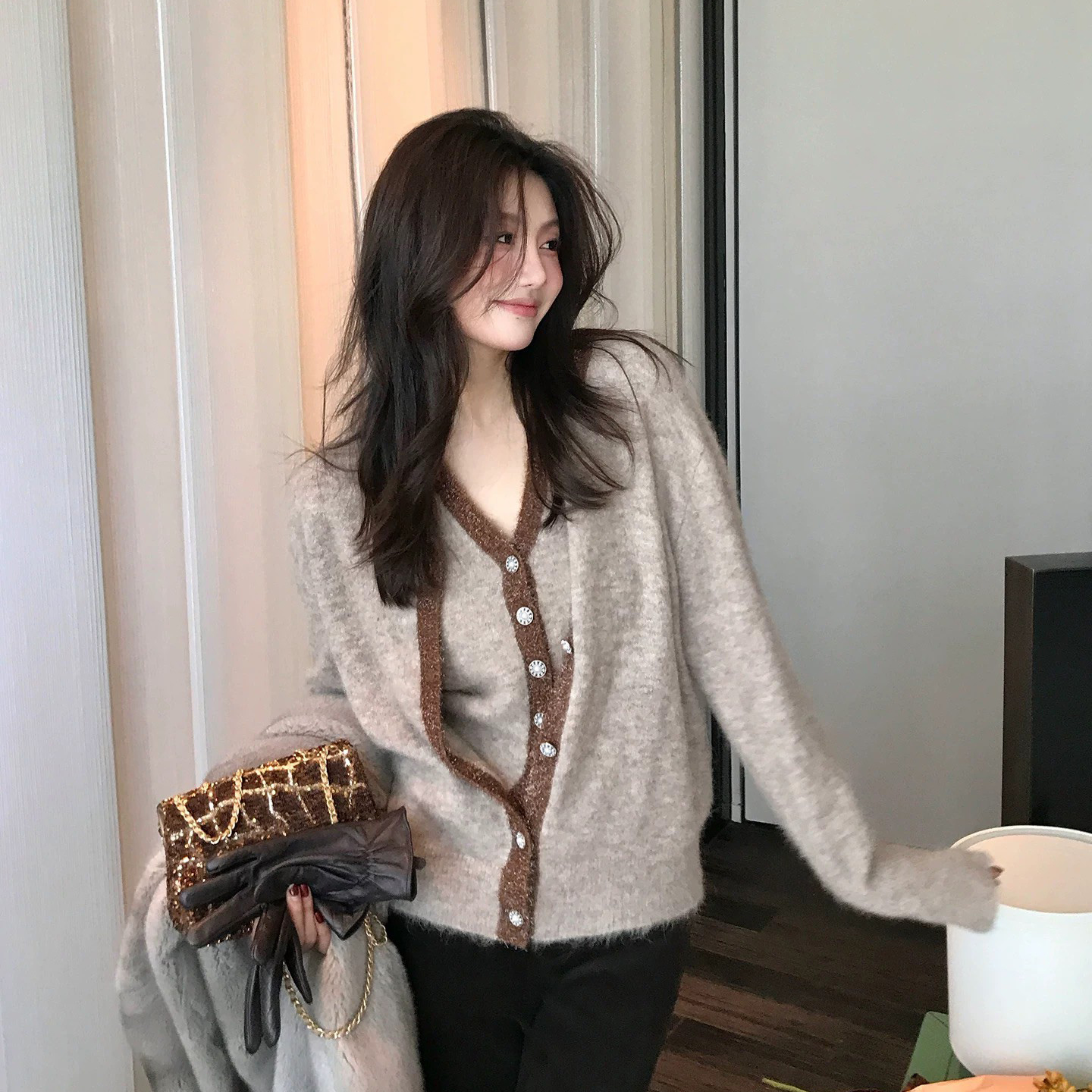 奶茶杏配色滾邊排釦罩衫+同色系背心SET-S-XL (Elegant & Love)