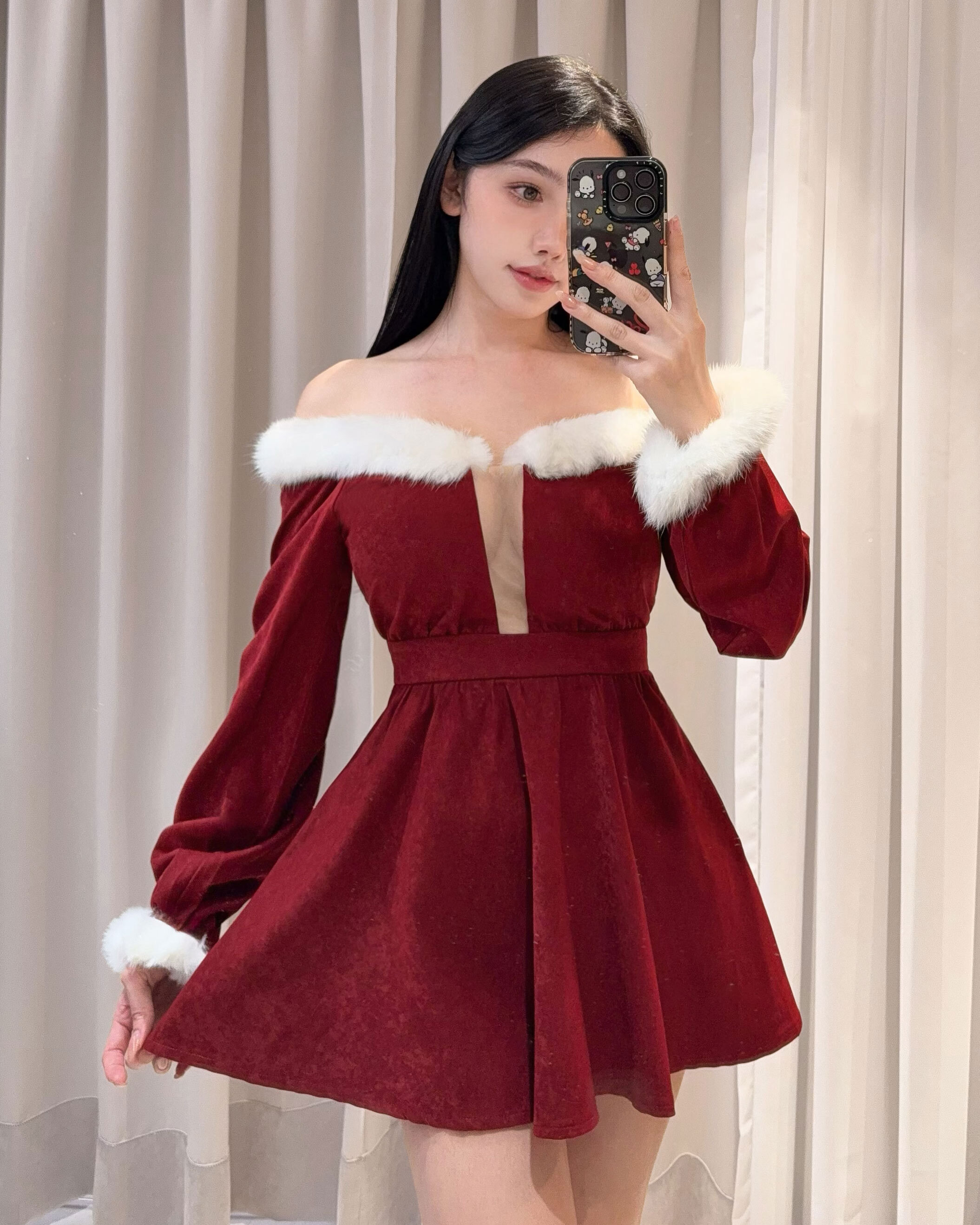 ⭒限量-聖誕毛毛一字領性感傘洋