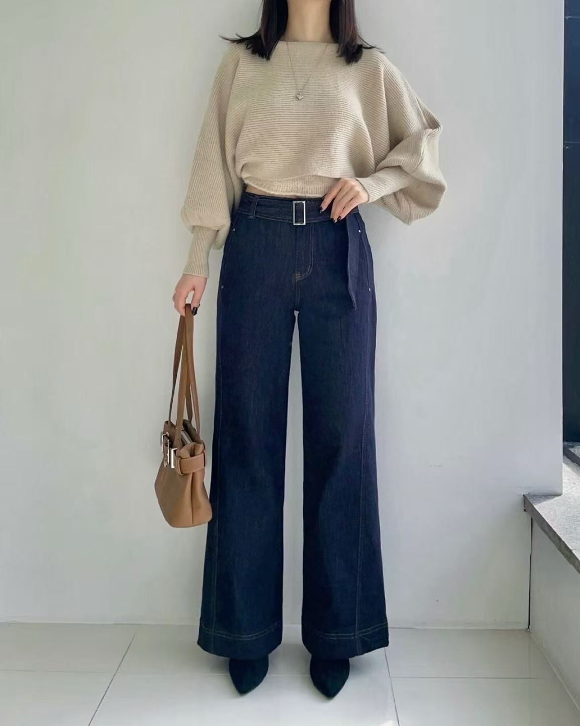 HL2558 冬季新款!長方扣刷薄毛牛仔褲