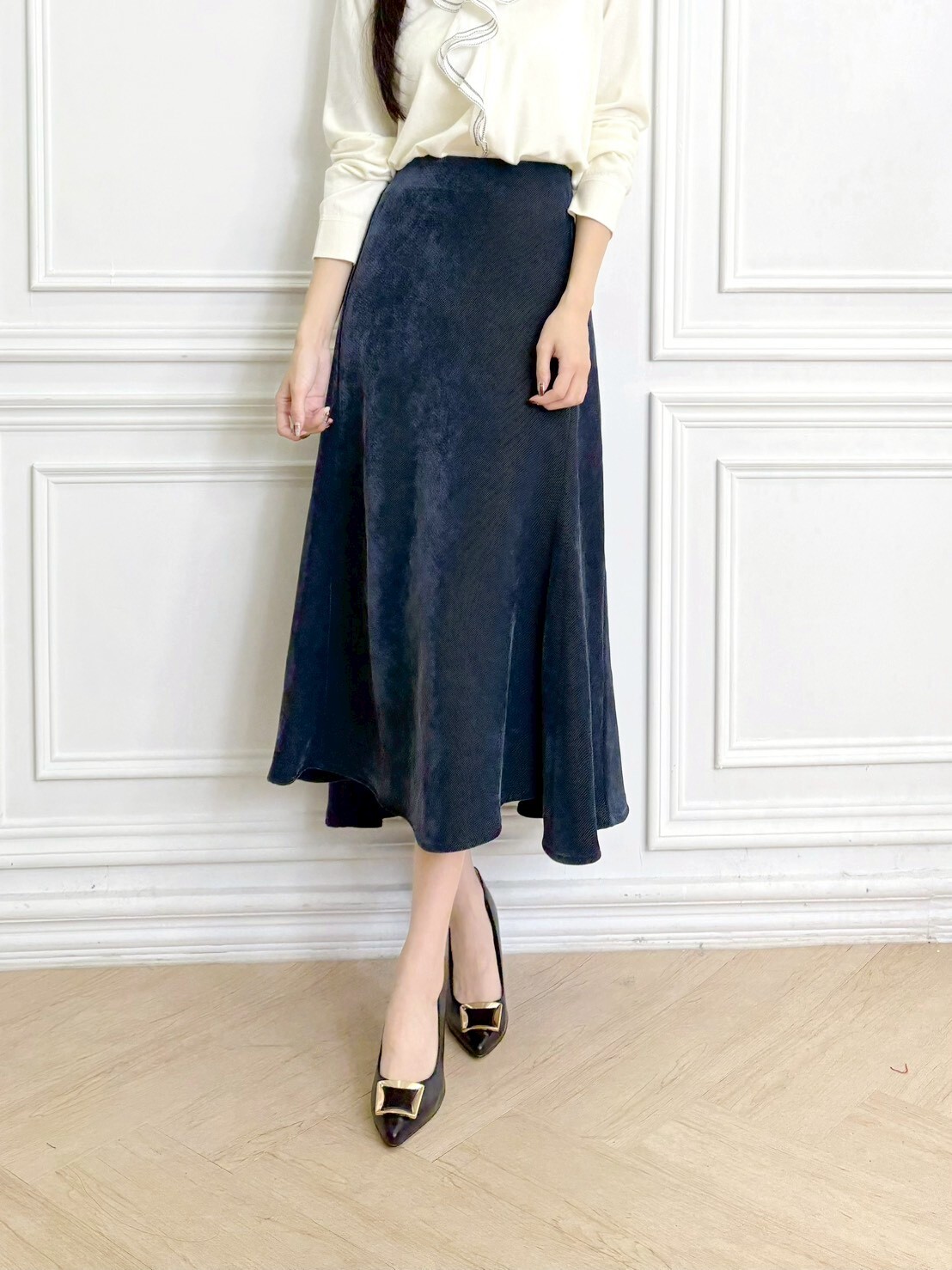 絨面後鬆緊長傘裙