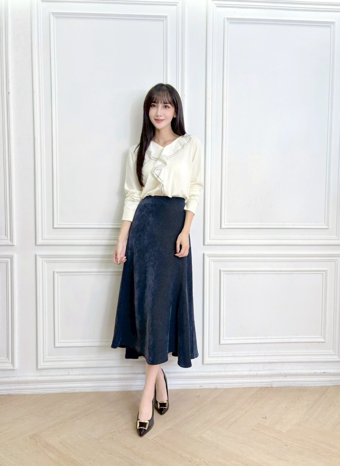 絨面後鬆緊長傘裙