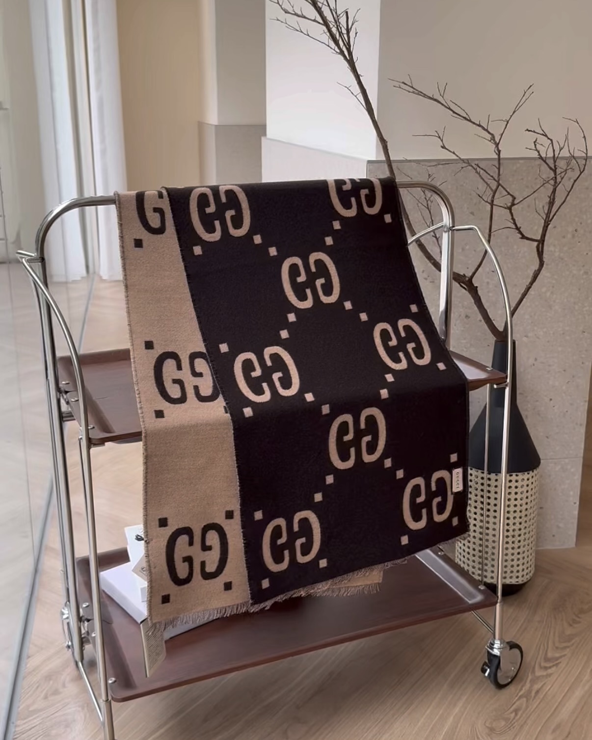 GUCCI｜提花羊毛絲圍巾 棕色/米色