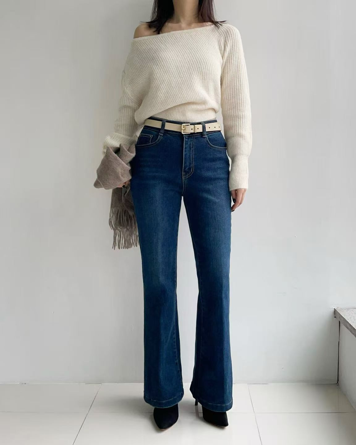 HL2557 冬季新款!壓線修腿刷薄毛牛仔褲