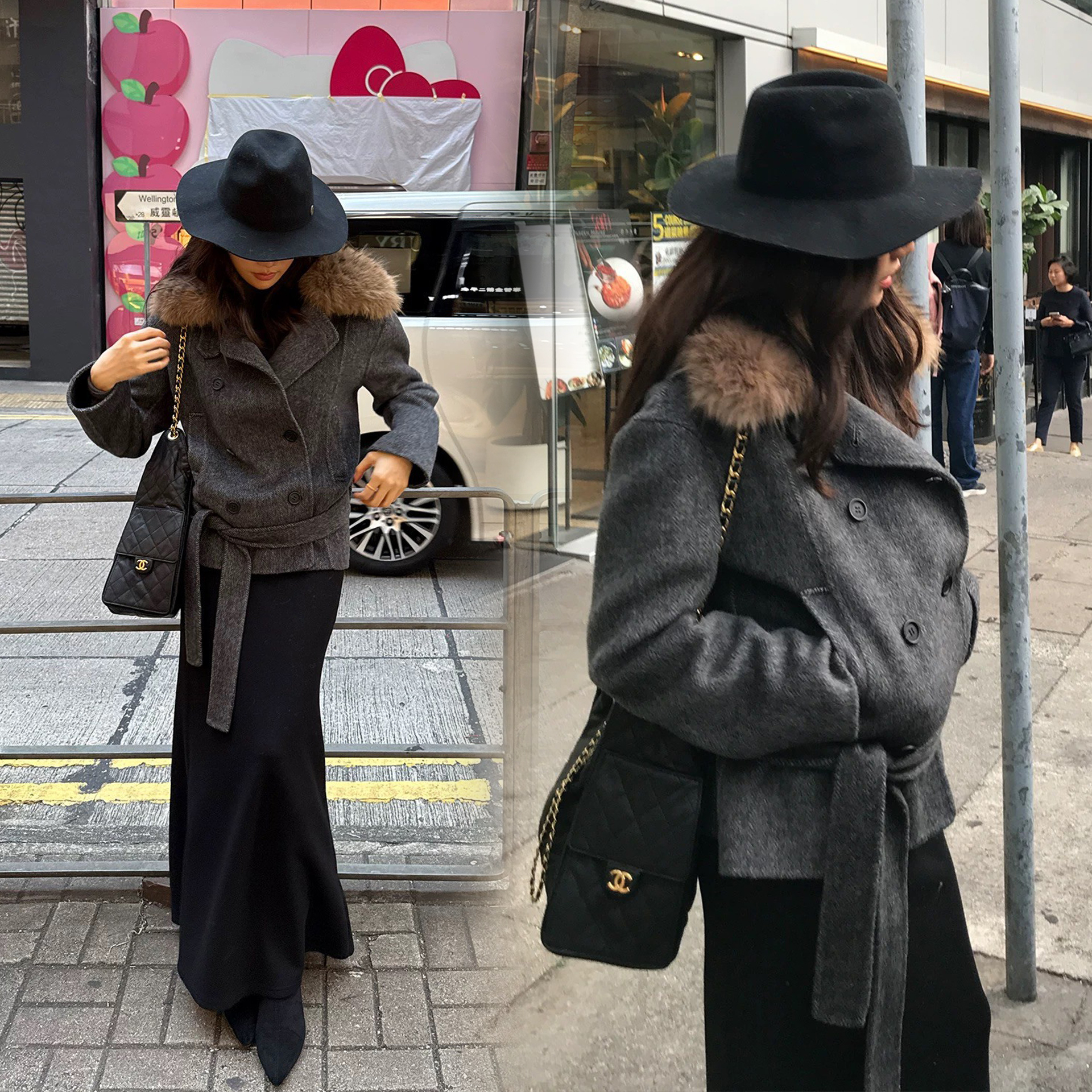 附綁帶造型皮草領片雙排釦外套-S-L / 2色 (Elegant & Love)