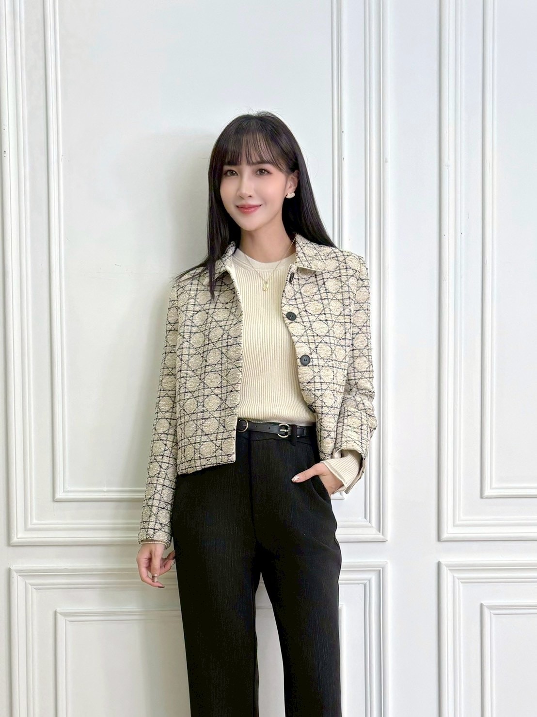 名媛老花混色毛呢翻領外套