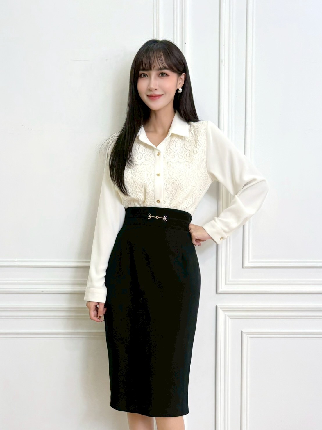 蕾絲雕花金釦襯衫