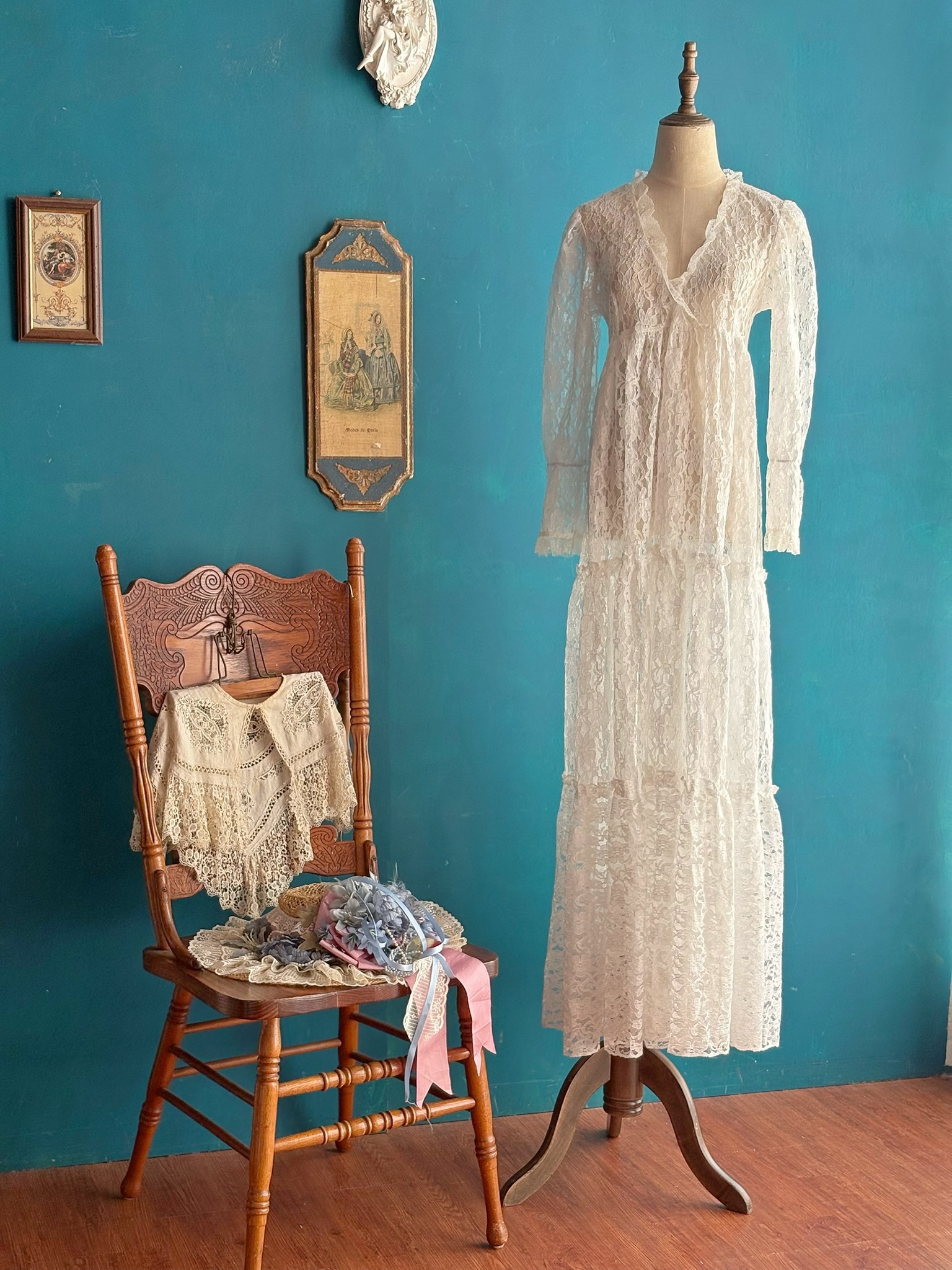 Vintage Dress "Jerry Beck for Charades"/ 美國禮服品牌 經典20年代風格 白色鏤空蕾絲洋裝