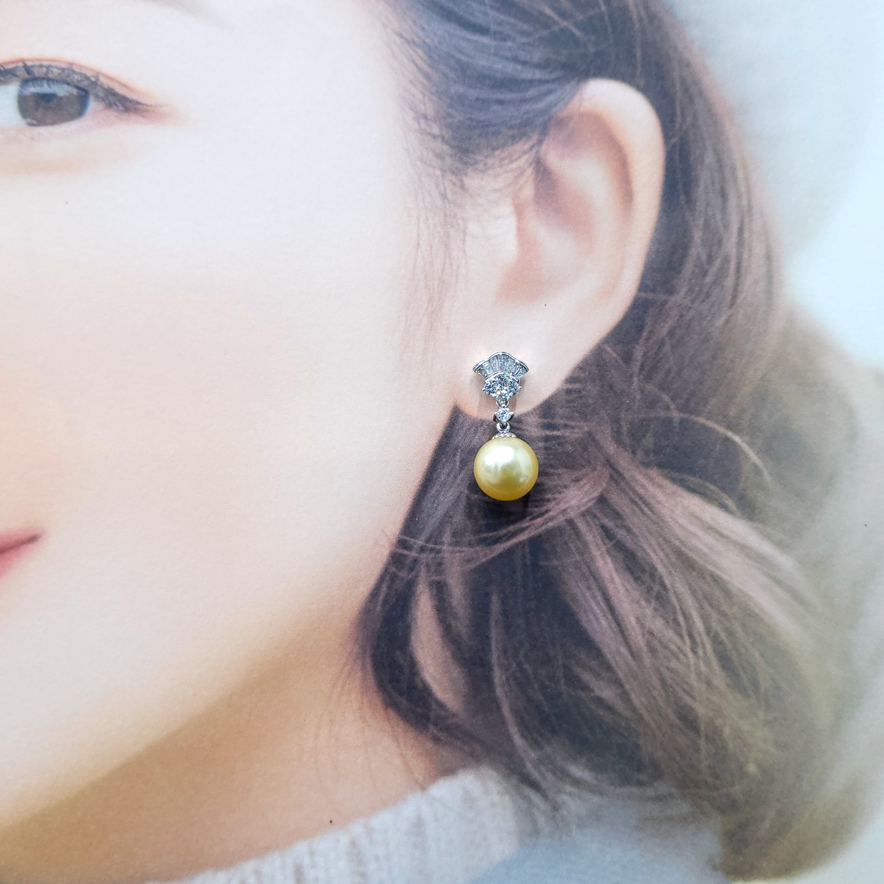 全新18K白金83份鑽石珍珠耳環