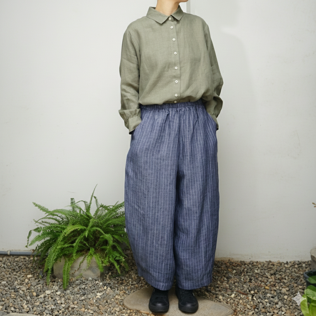 麻 彎刀褲 藍色條紋