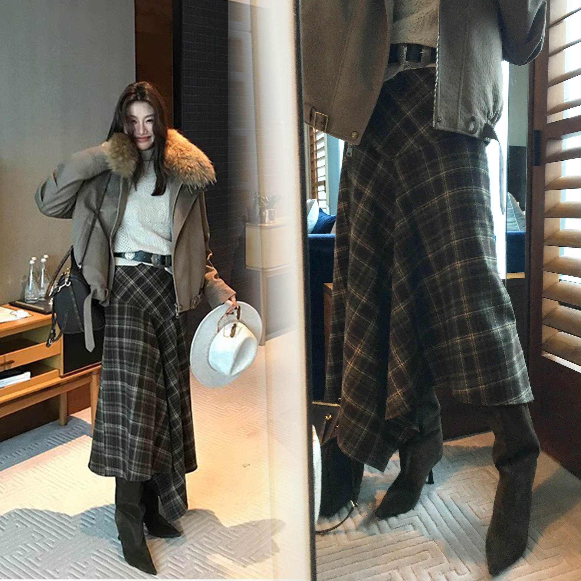 黑杏配色格紋不規則裙擺A字長裙-S-L (Elegant & Love)