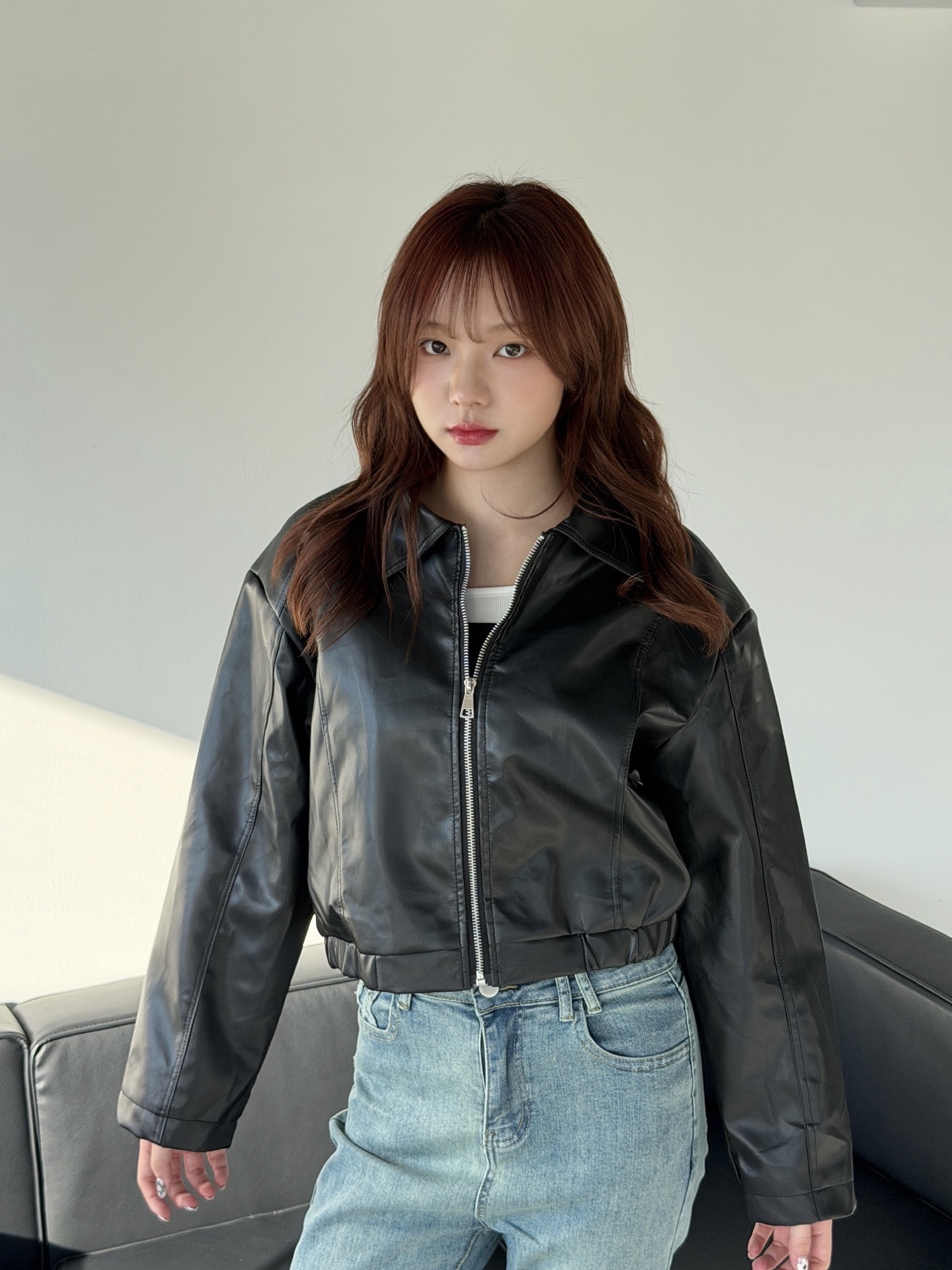 翻領墊肩皮外套