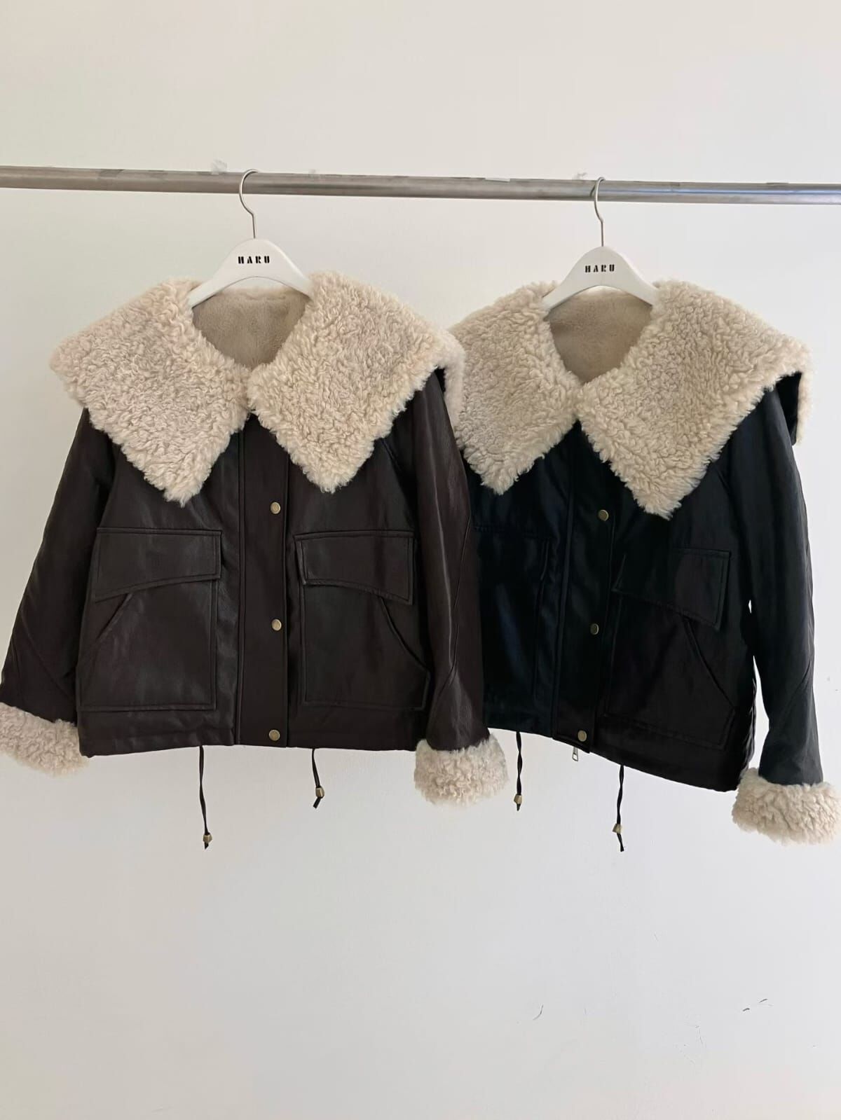 HU5328 粒粒毛大反領仿皮外套