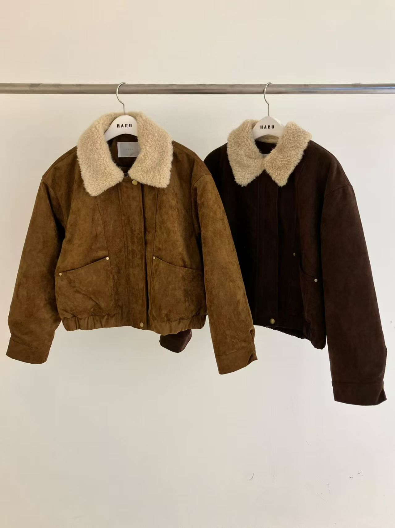 HU5337 毛毛領麂皮短外套