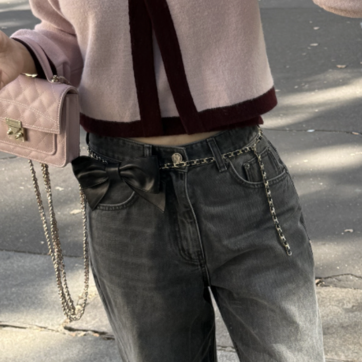 100%羊皮手工蝴蝶結皮質鍊條腰帶