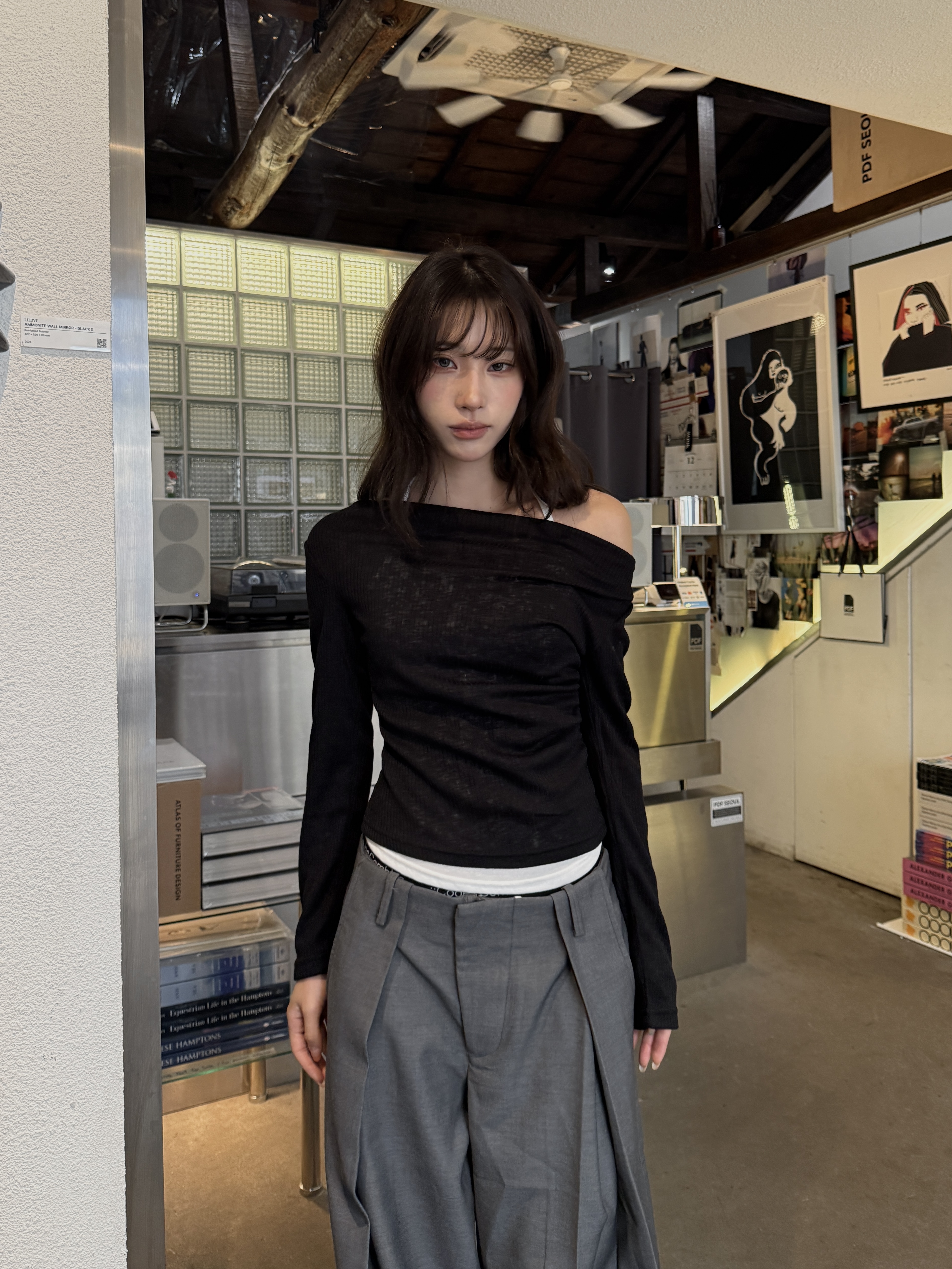 韓國 兩件式 一字領針織長袖上衣