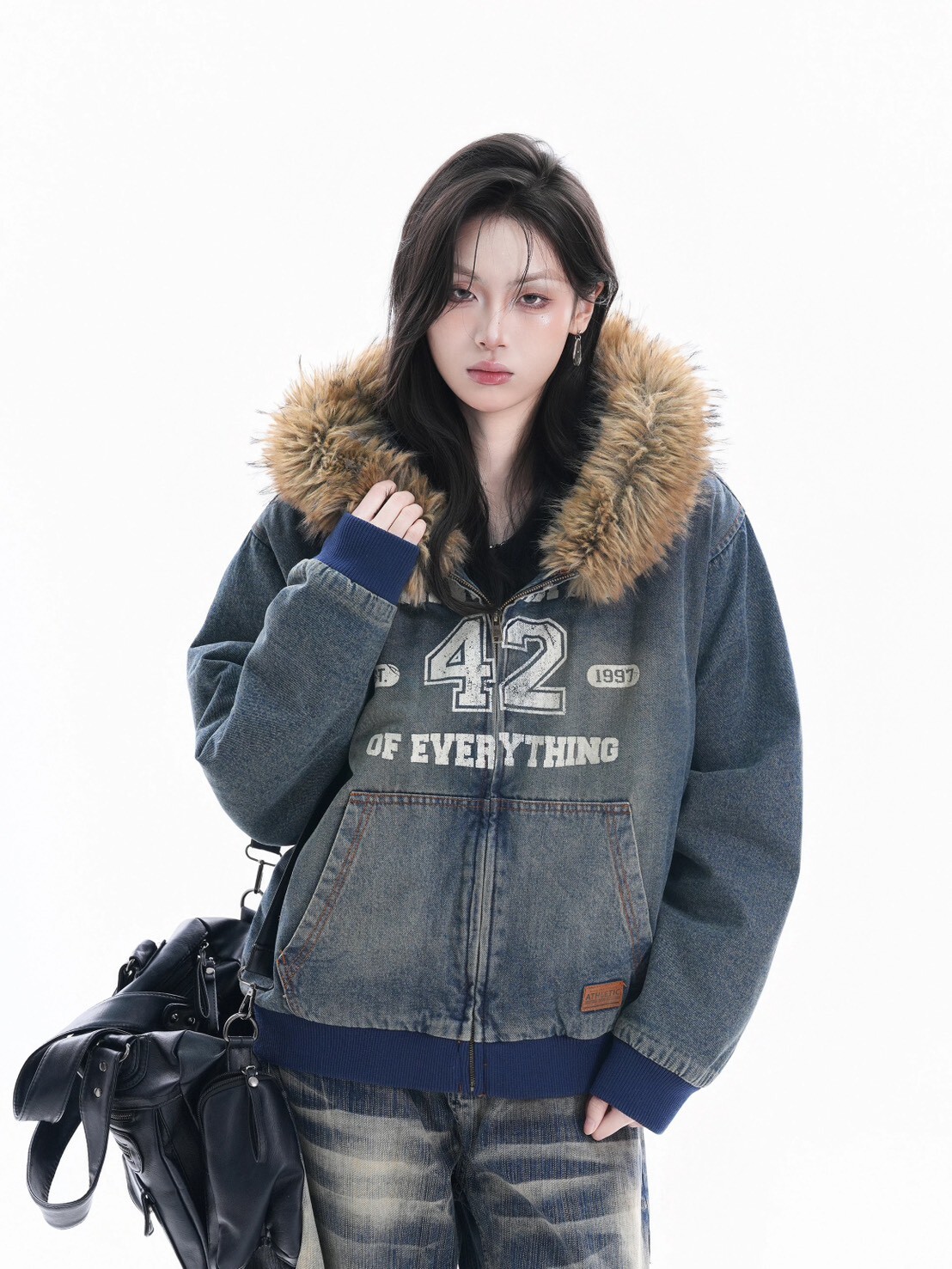 毛領牛仔印刷外套