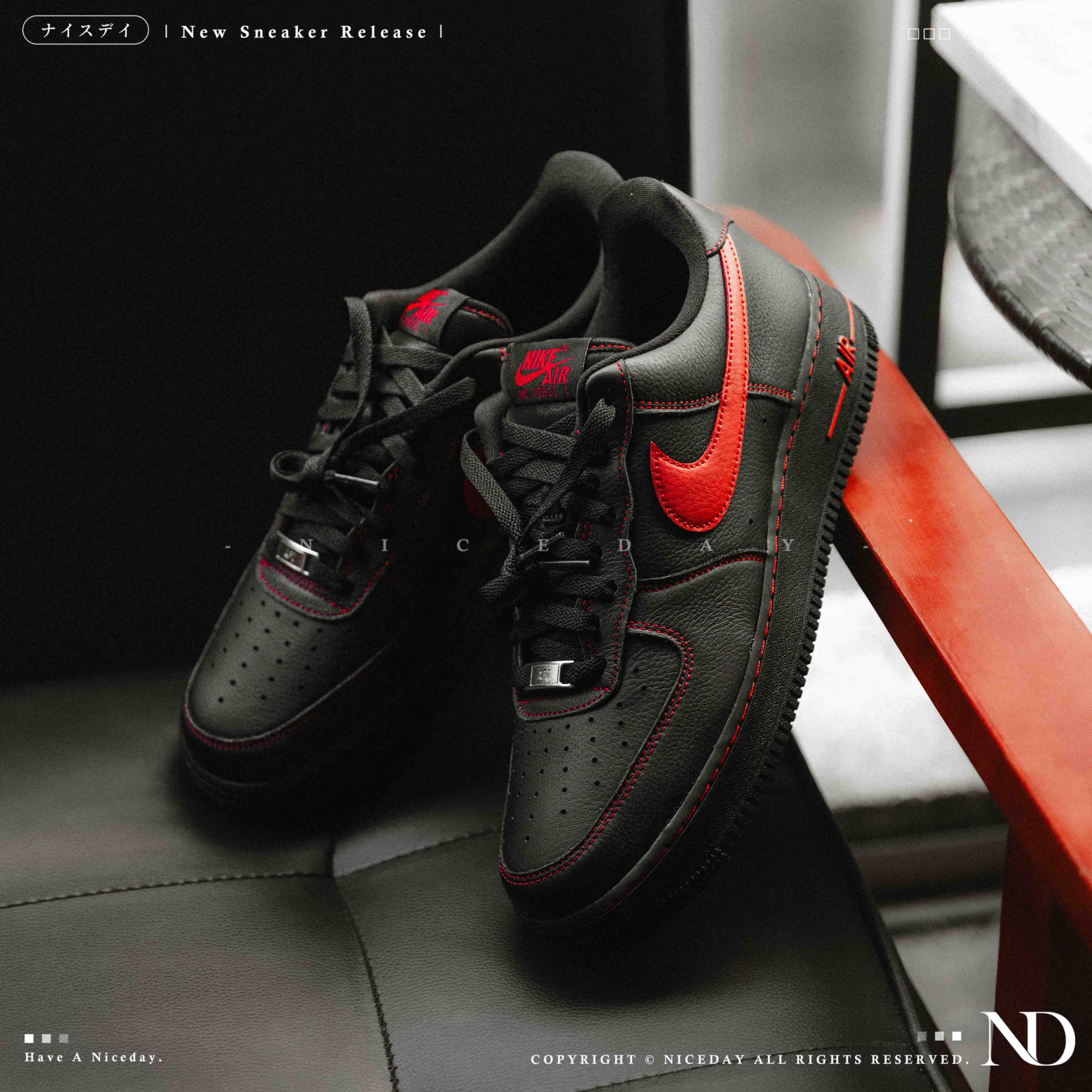 NICEDAY 代購 Nike Air Force 1 Low Bred 宇智波鼬 荔枝皮 黑紅 紅 紅勾 男鞋 縫線 HQ2037-005