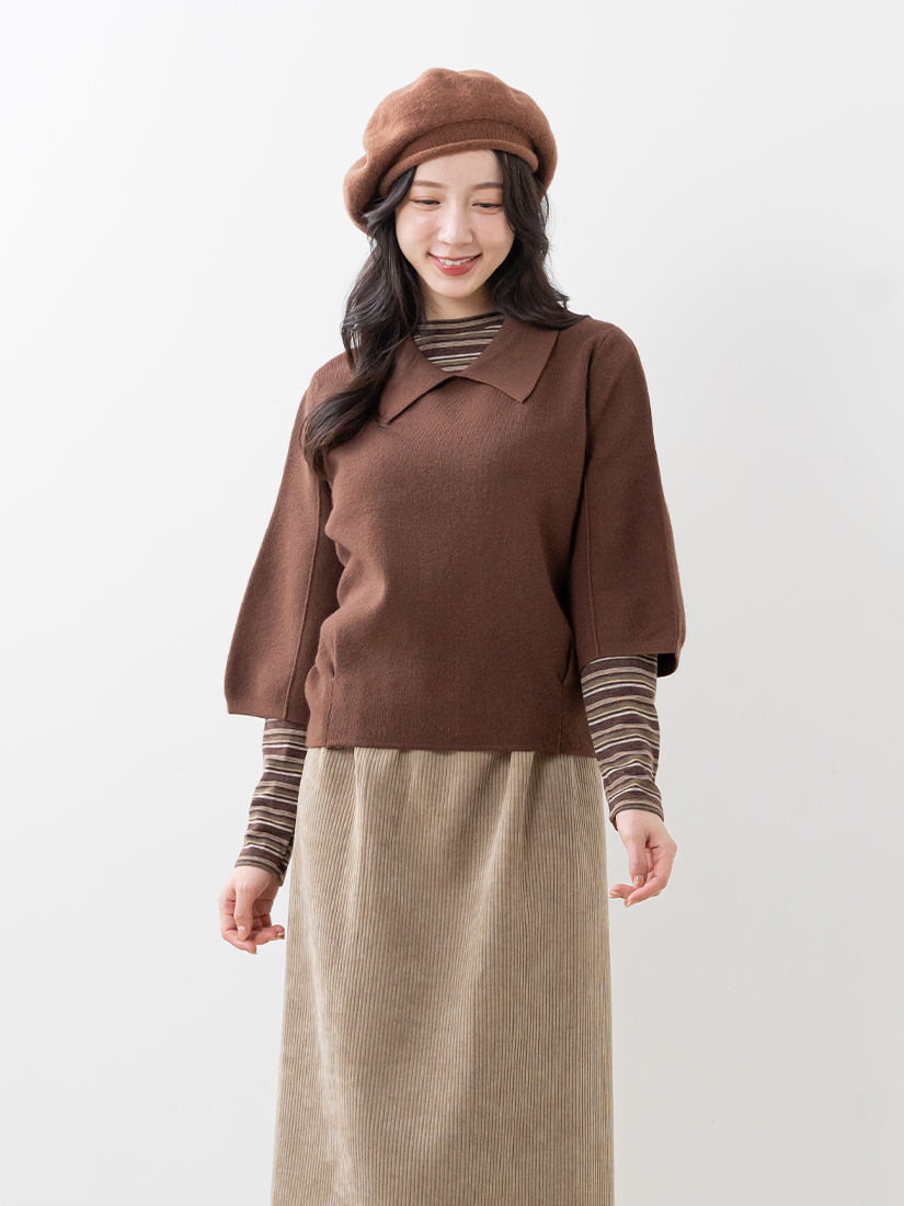 領片下擺抓褶七分蓬袖針織上衣