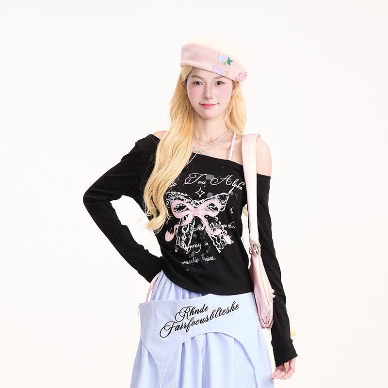 蝴蝶結掛脖斜肩T