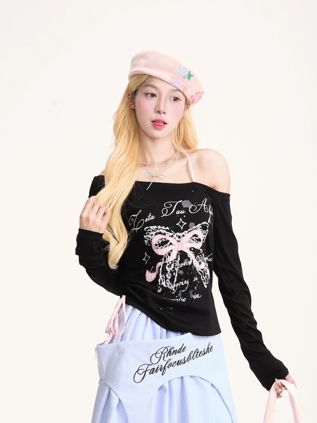 蝴蝶結掛脖斜肩T