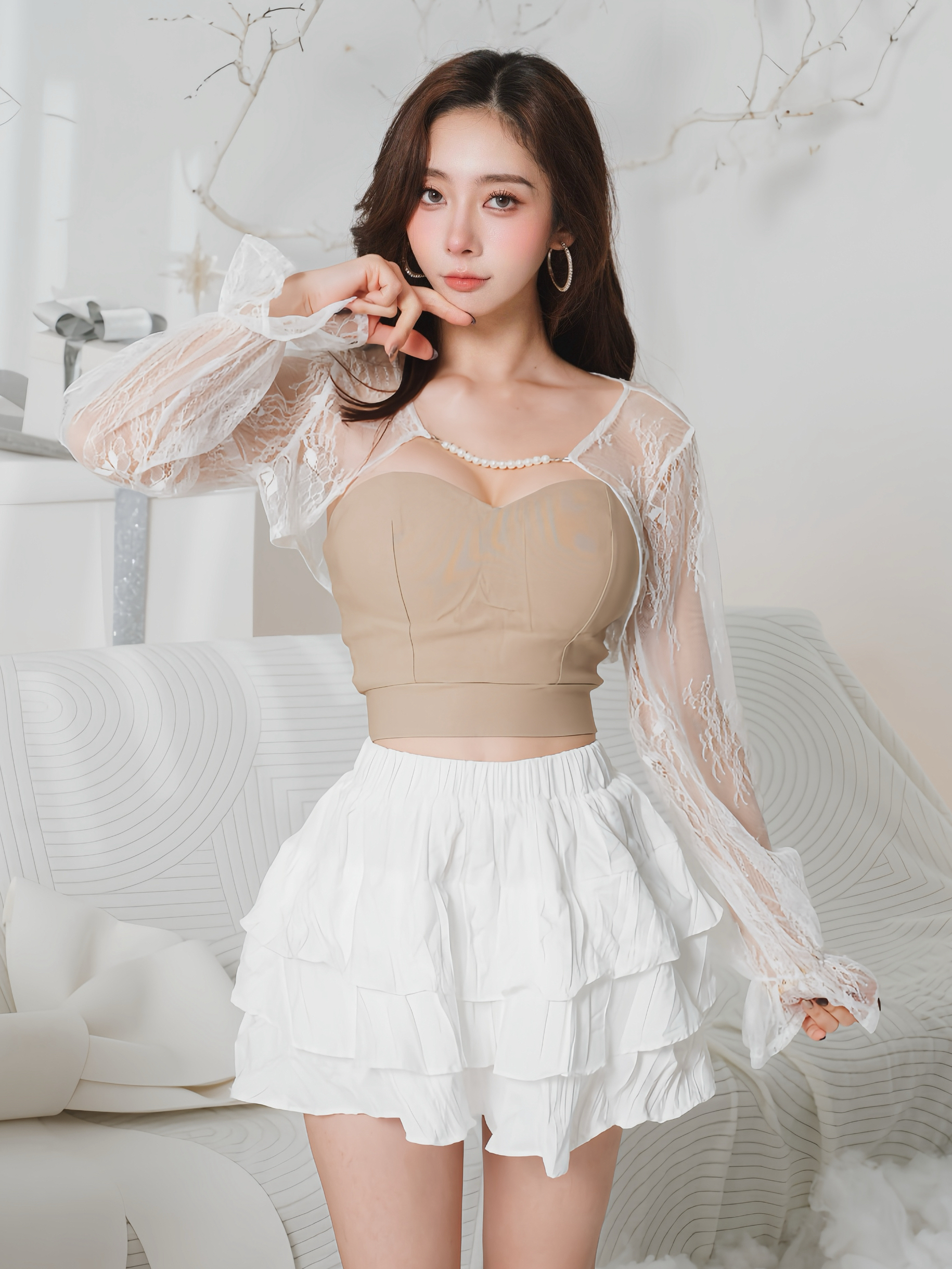獨家訂製🤍珍珠蕾絲罩衫馬甲兩件套（杏色均碼）