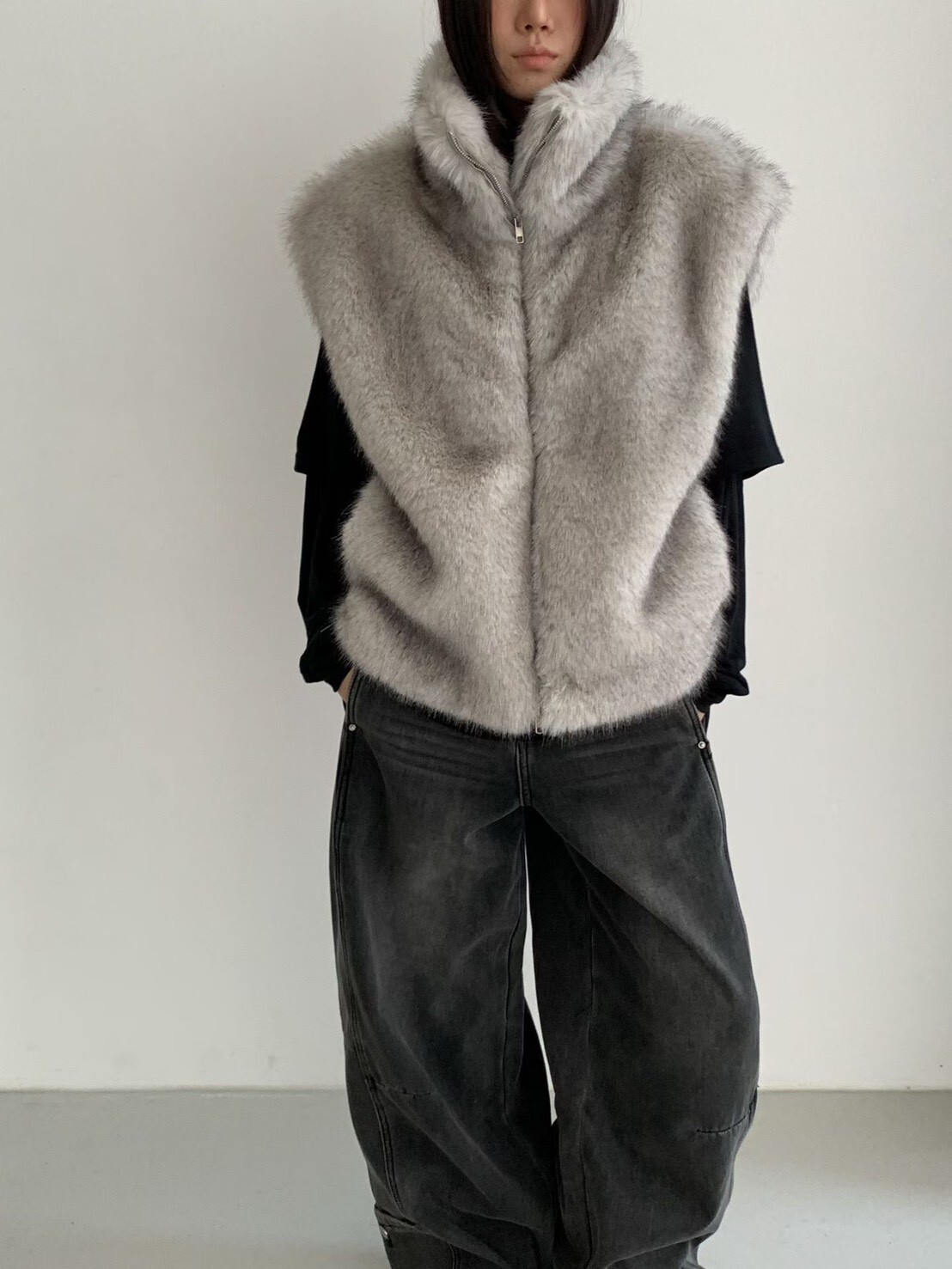 #AD117立領拉鍊毛毛背心(灰/杏)