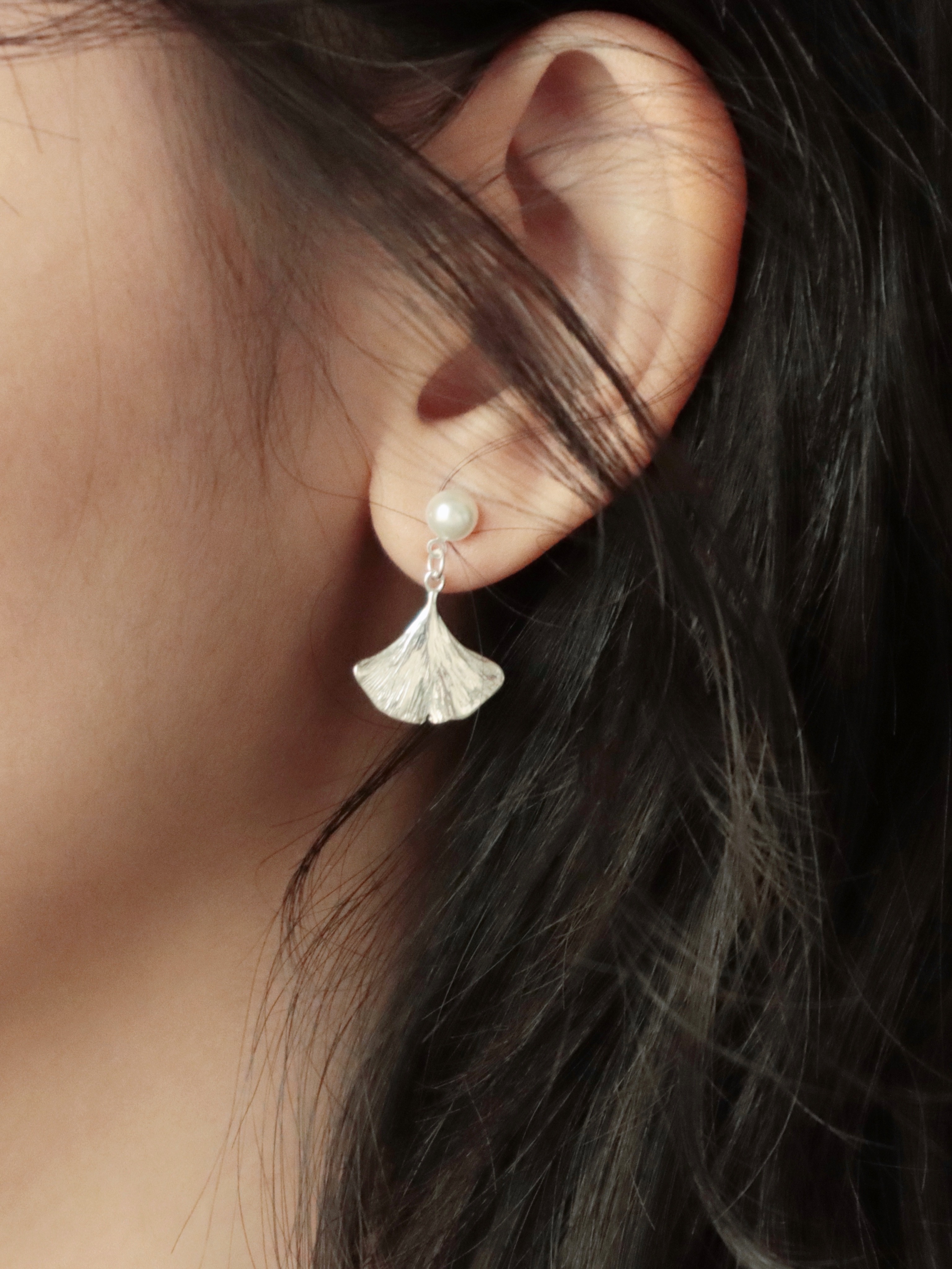 25K306 925 silver 小珍珠銀杏純銀耳環