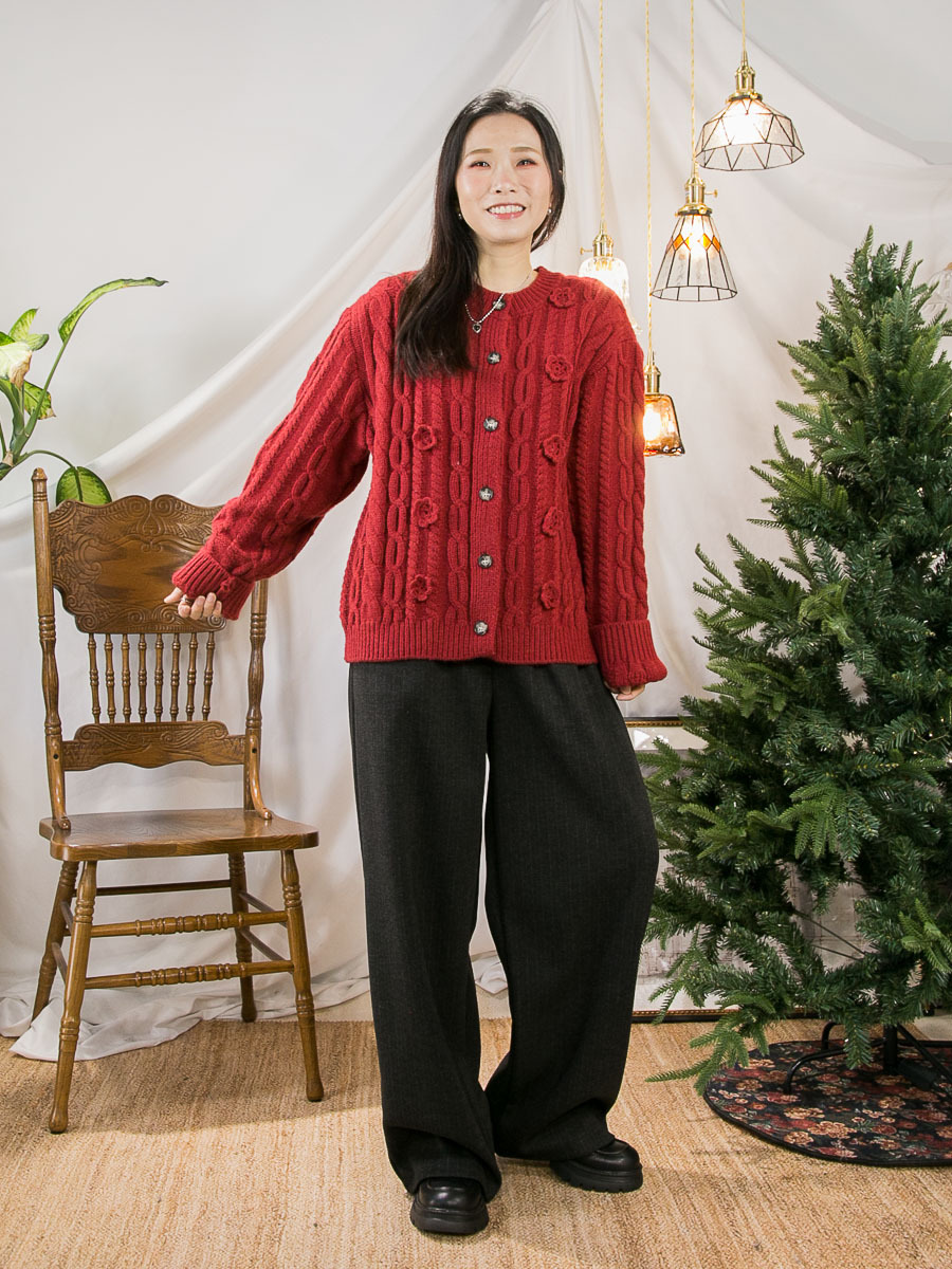 ⬇️開倉低至半價😱FINALSALE📣 全開胸扣鈕．立體花花刺繡．扭紋 毛毛冷料外套【不設退換】