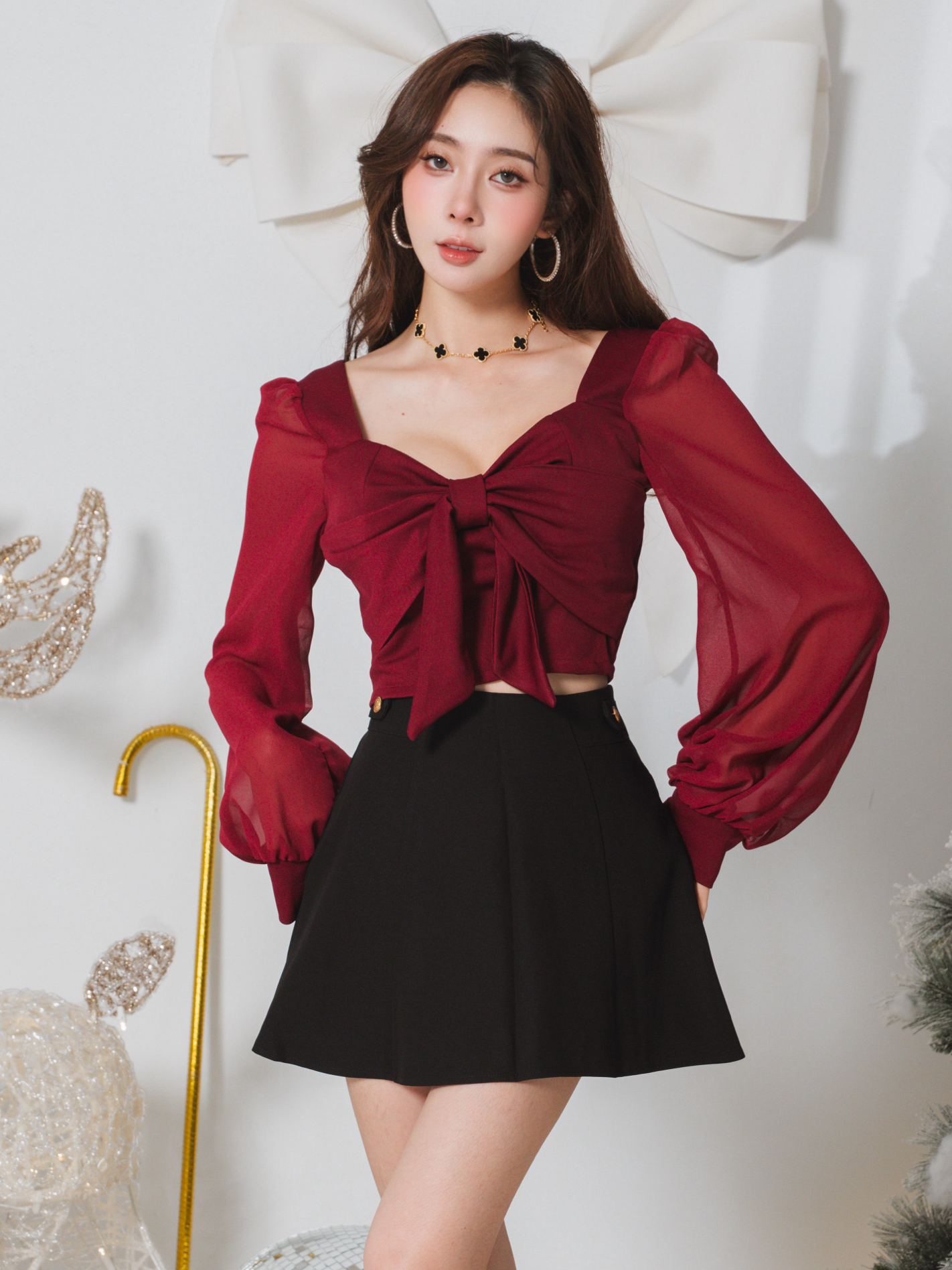 🤍卡哇伊蝴蝶結雪紡拼接上衣（酒紅色均碼）