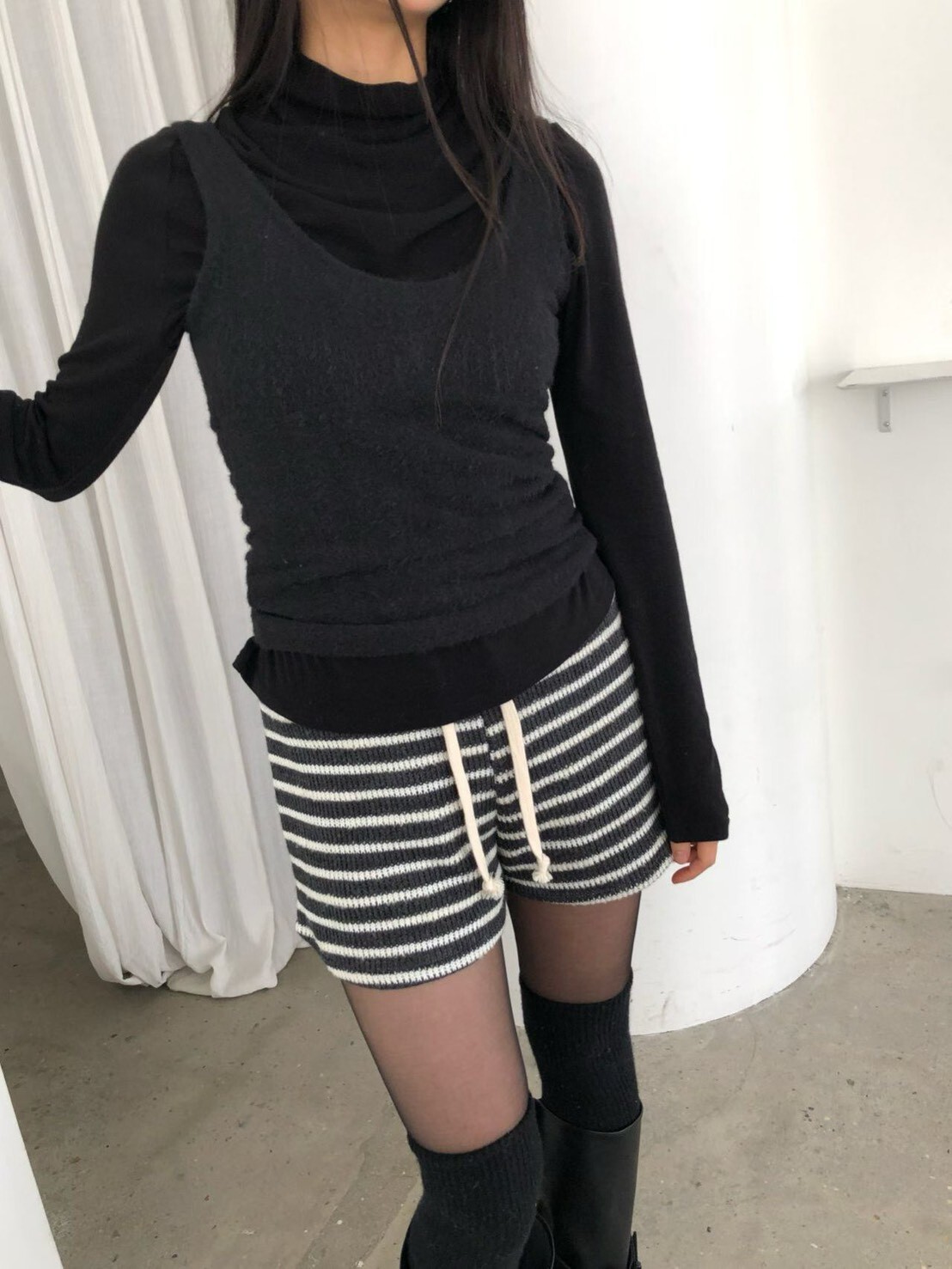 #AD121日常條紋短褲(墨白/白灰)