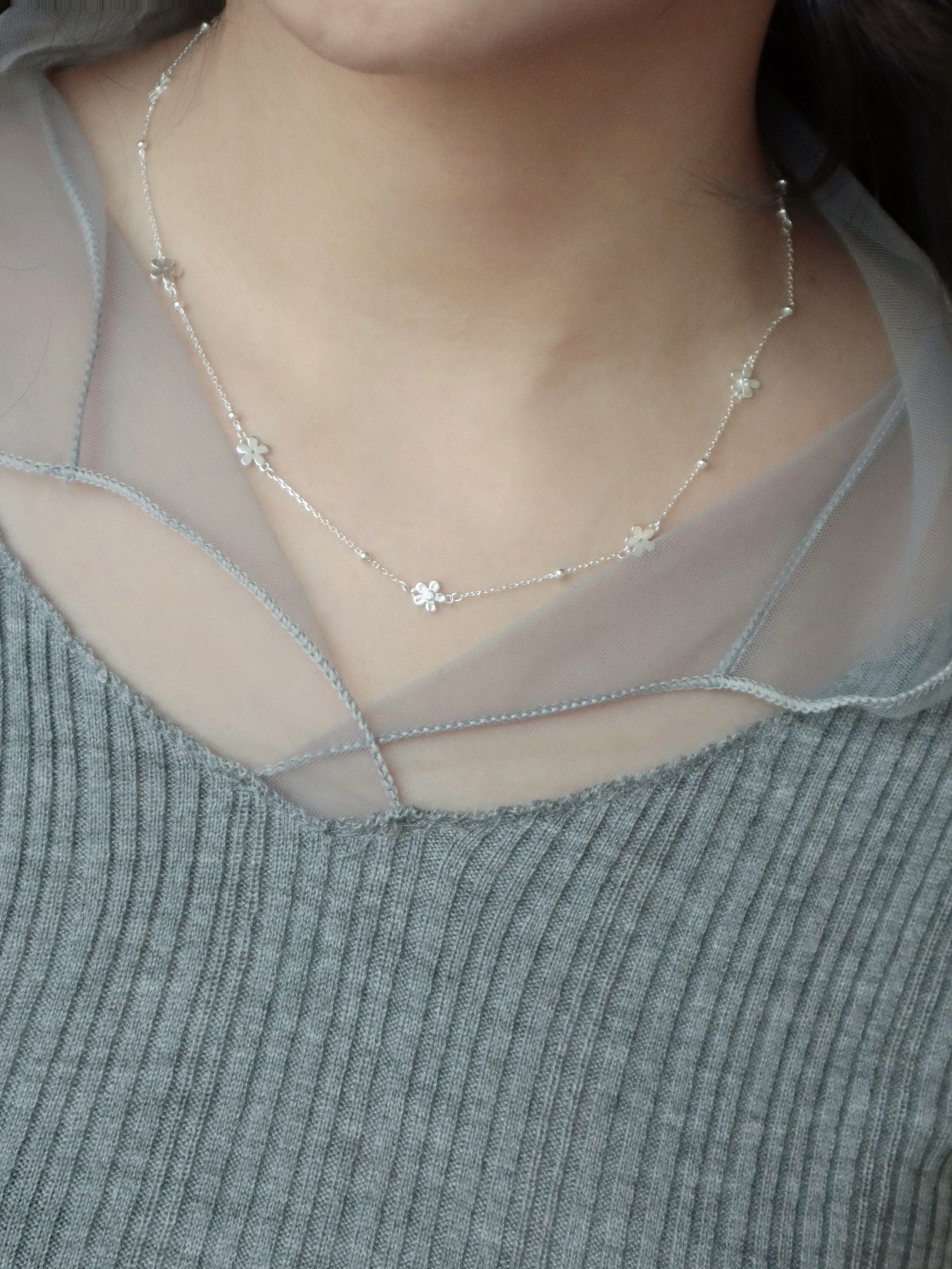 25K308 925 silver莫內花園小花純墜純銀鎖骨鍊