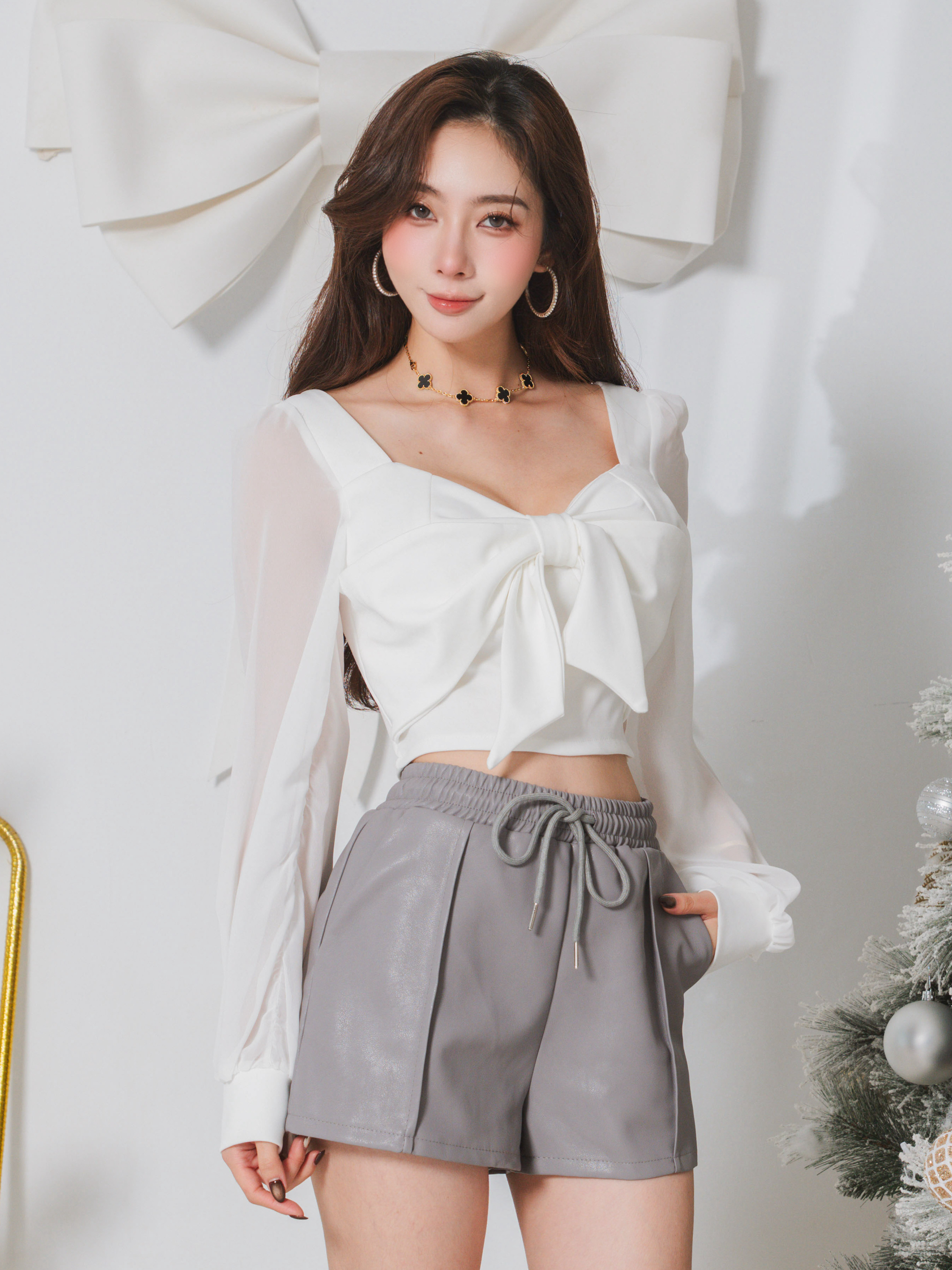🤍卡哇伊蝴蝶結雪紡拼接上衣（白色均碼）