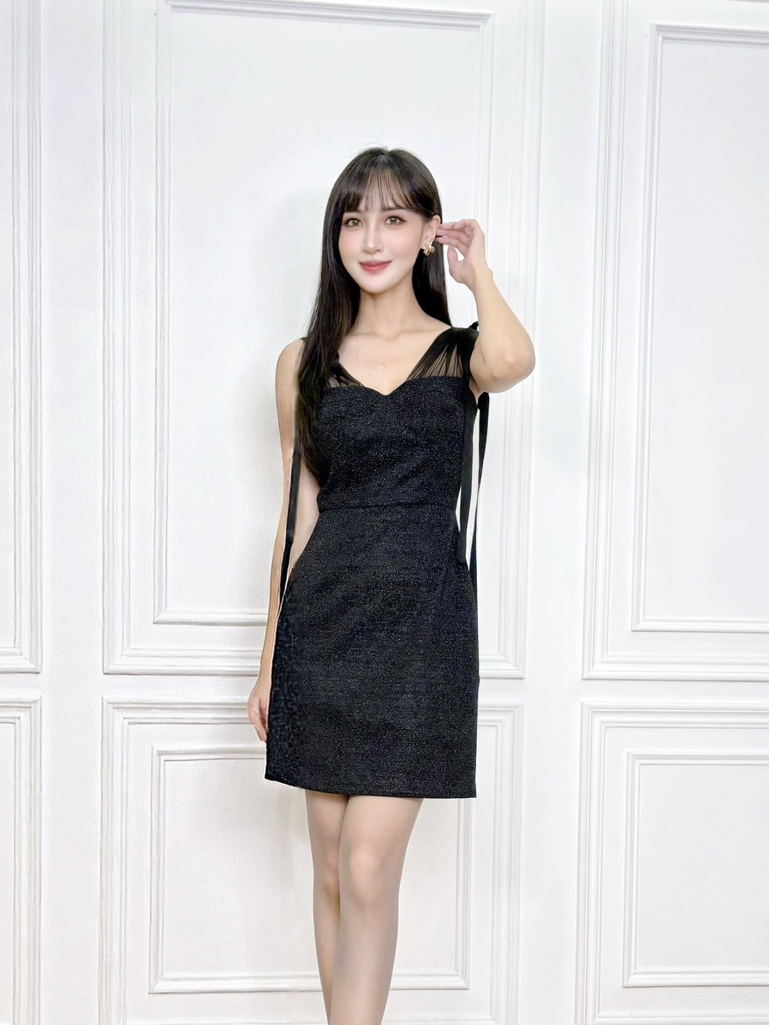 抓褶透紗拼接肩繫帶合身短洋