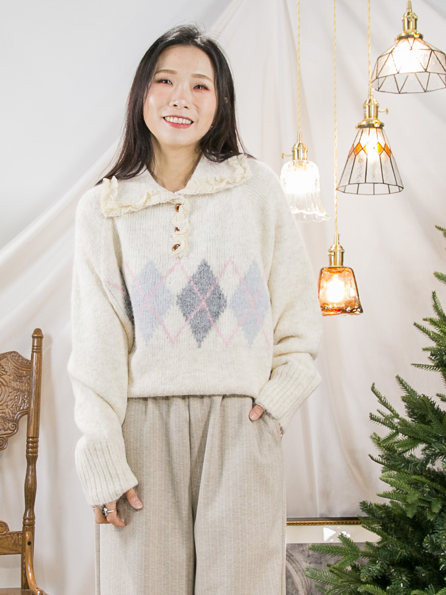 ⬇️開倉低至半價😱FINALSALE📣領位扣鈕．LACE邊．菱格PATTERN 毛毛冷料TOP 【不設退換】